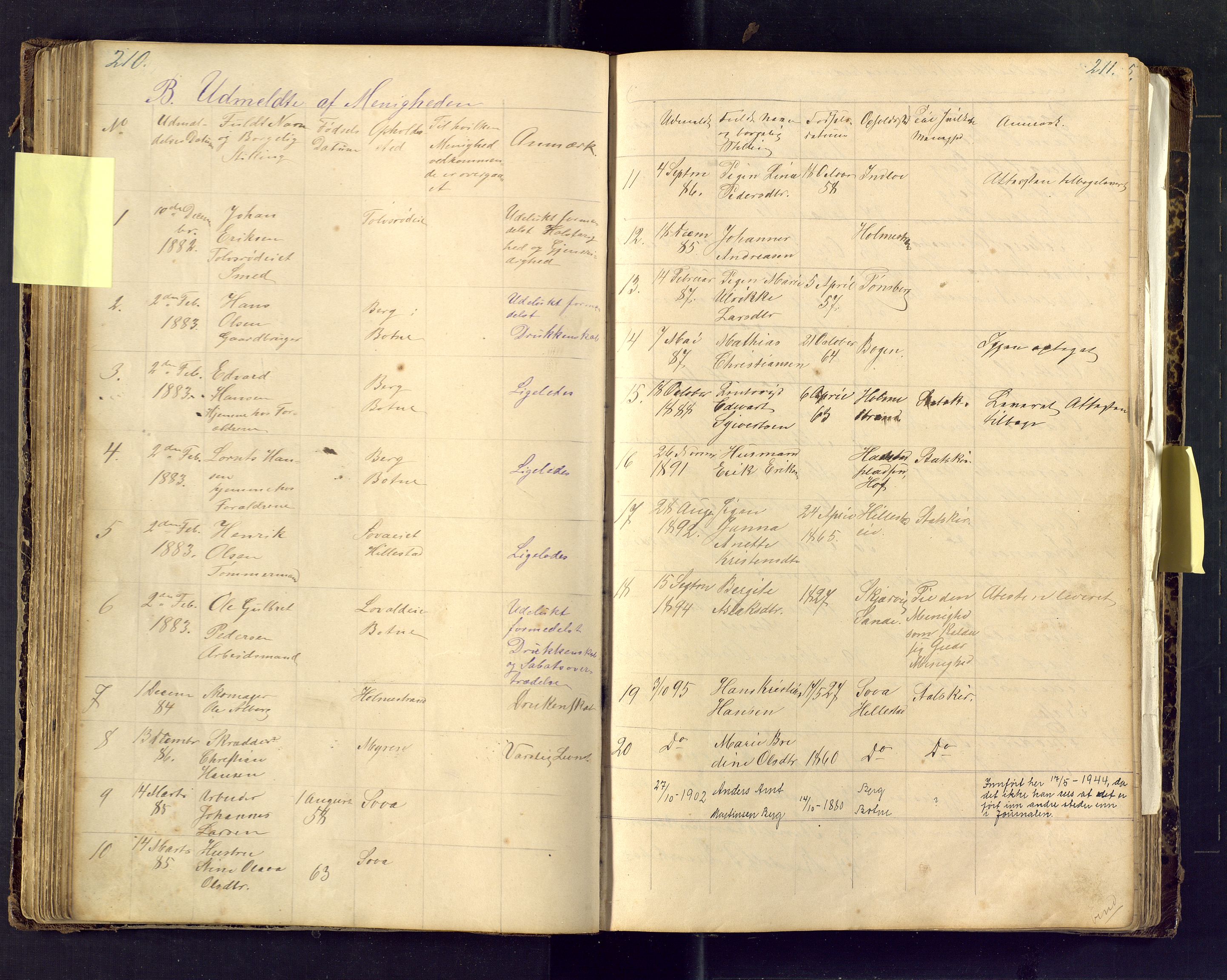 Den evangelisk lutherske frimenighet i Jarlsbergs grevskap med flere steder, SAKO/P-1384/F/Fa/L0001: Dissenter register no. Fa/L0001, 1872-1925, p. 210-211