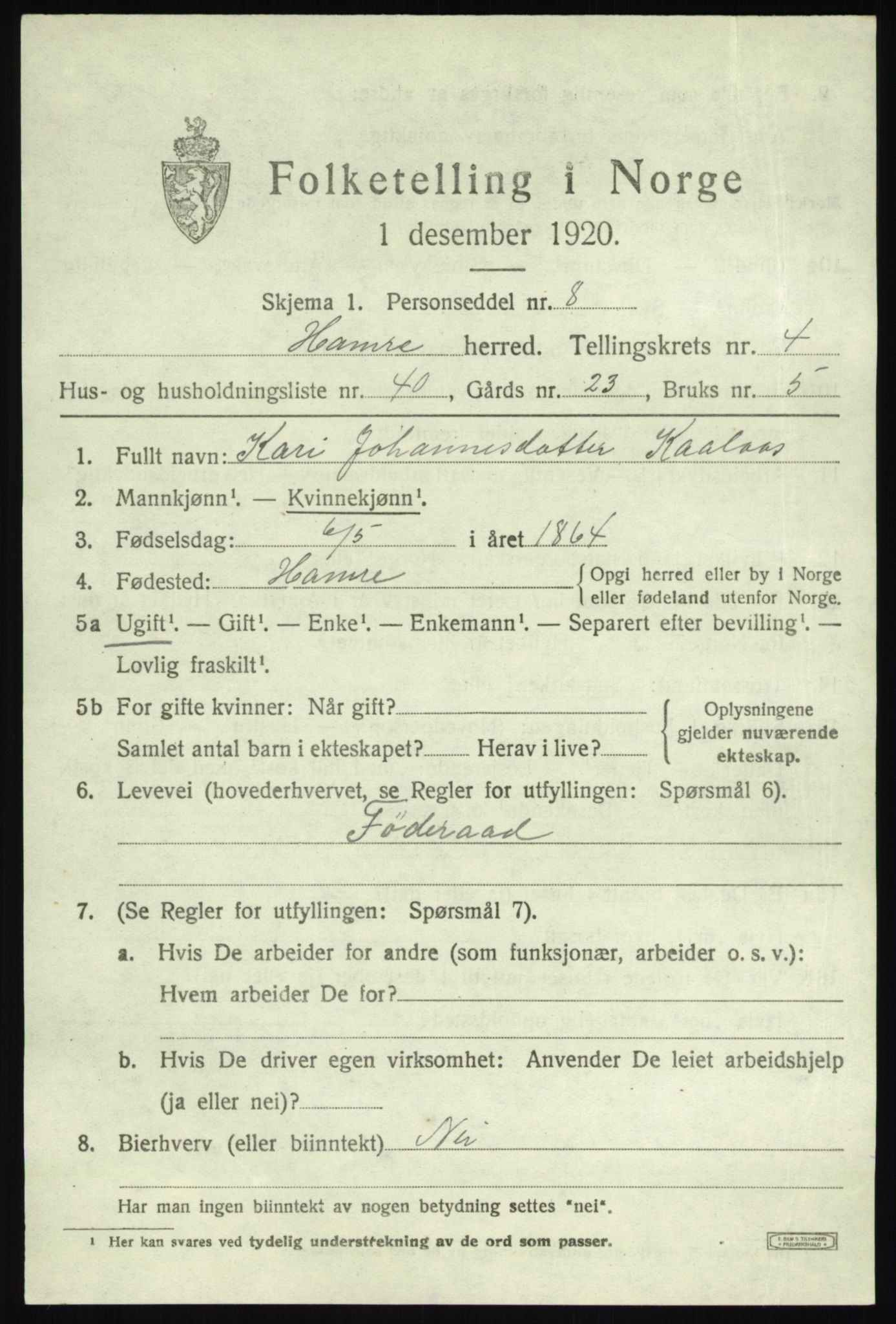 SAB, 1920 census for Hamre, 1920, p. 2789