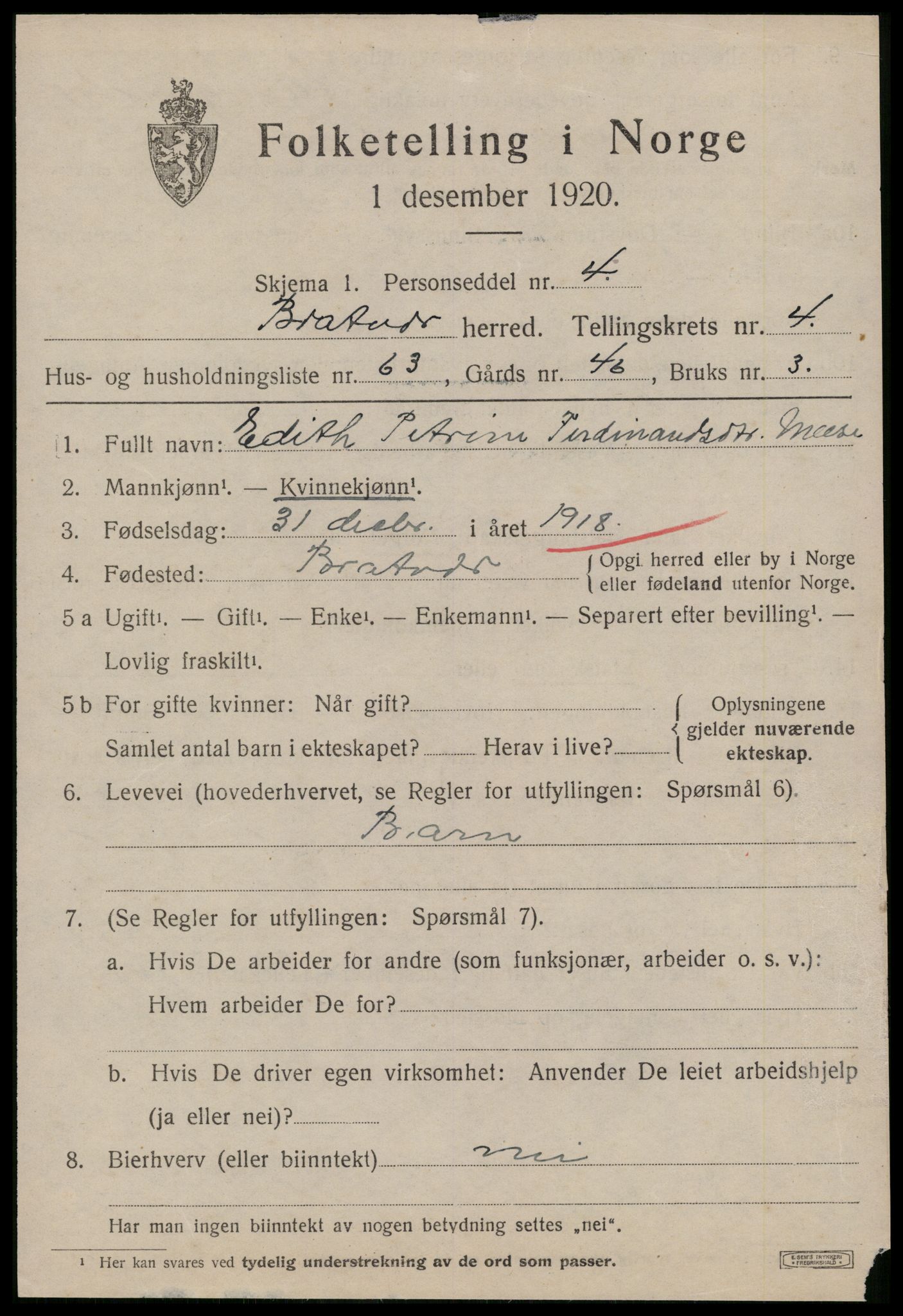 SAT, 1920 census for Brattvær, 1920, p. 2402