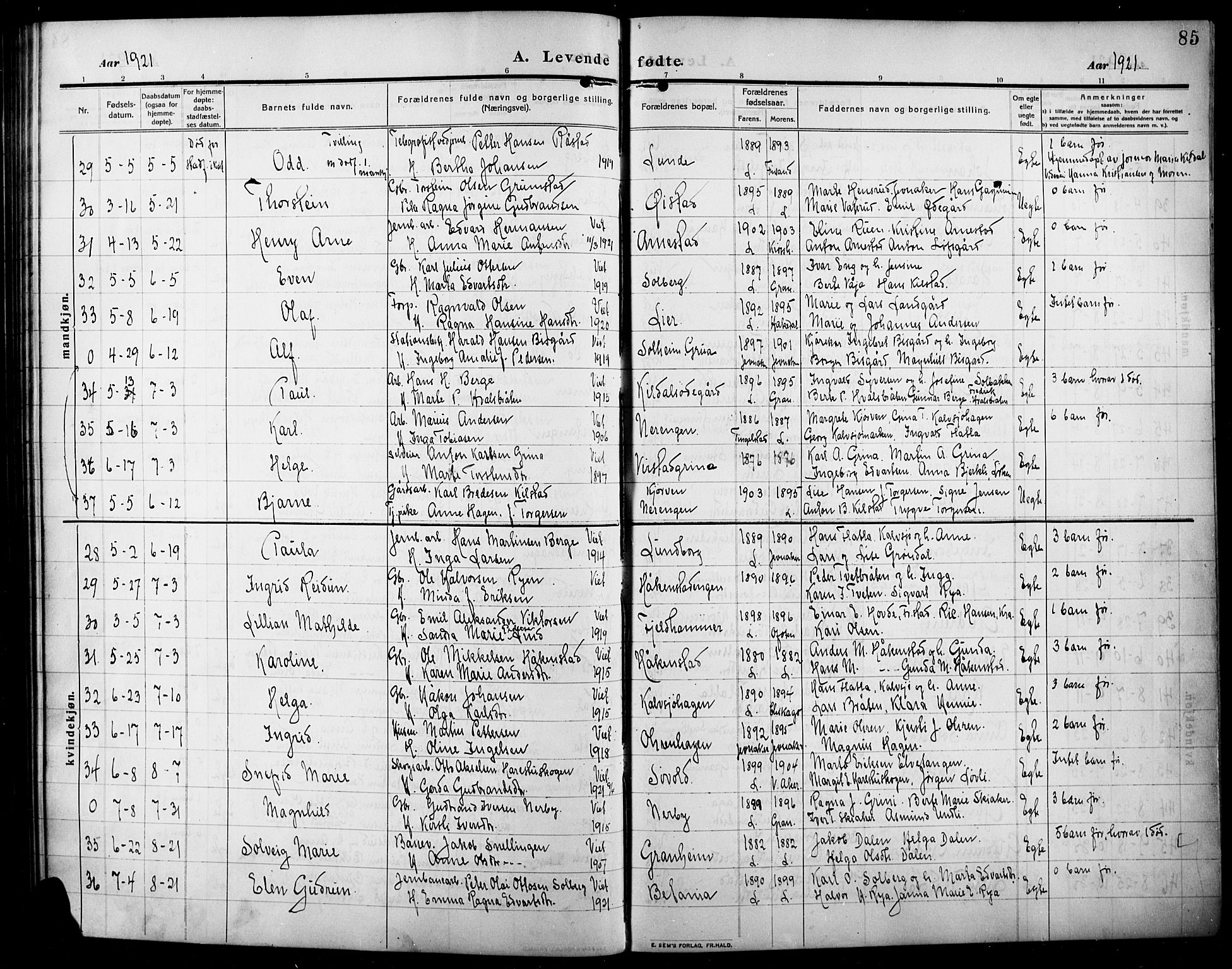 Lunner prestekontor, AV/SAH-PREST-118/H/Ha/Hab/L0001: Parish register (copy) no. 1, 1909-1922, p. 85