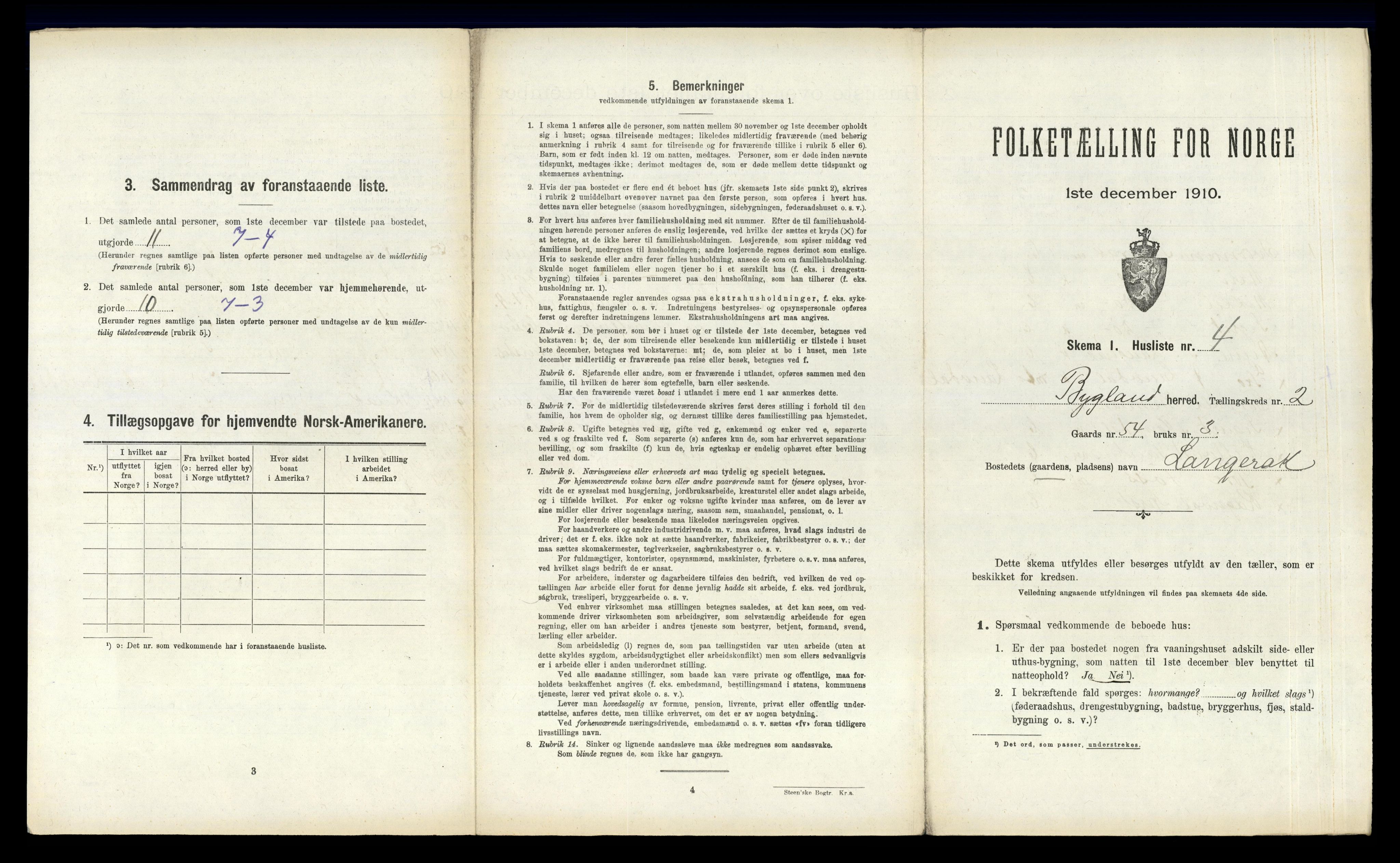 RA, 1910 census for Bygland, 1910, p. 147