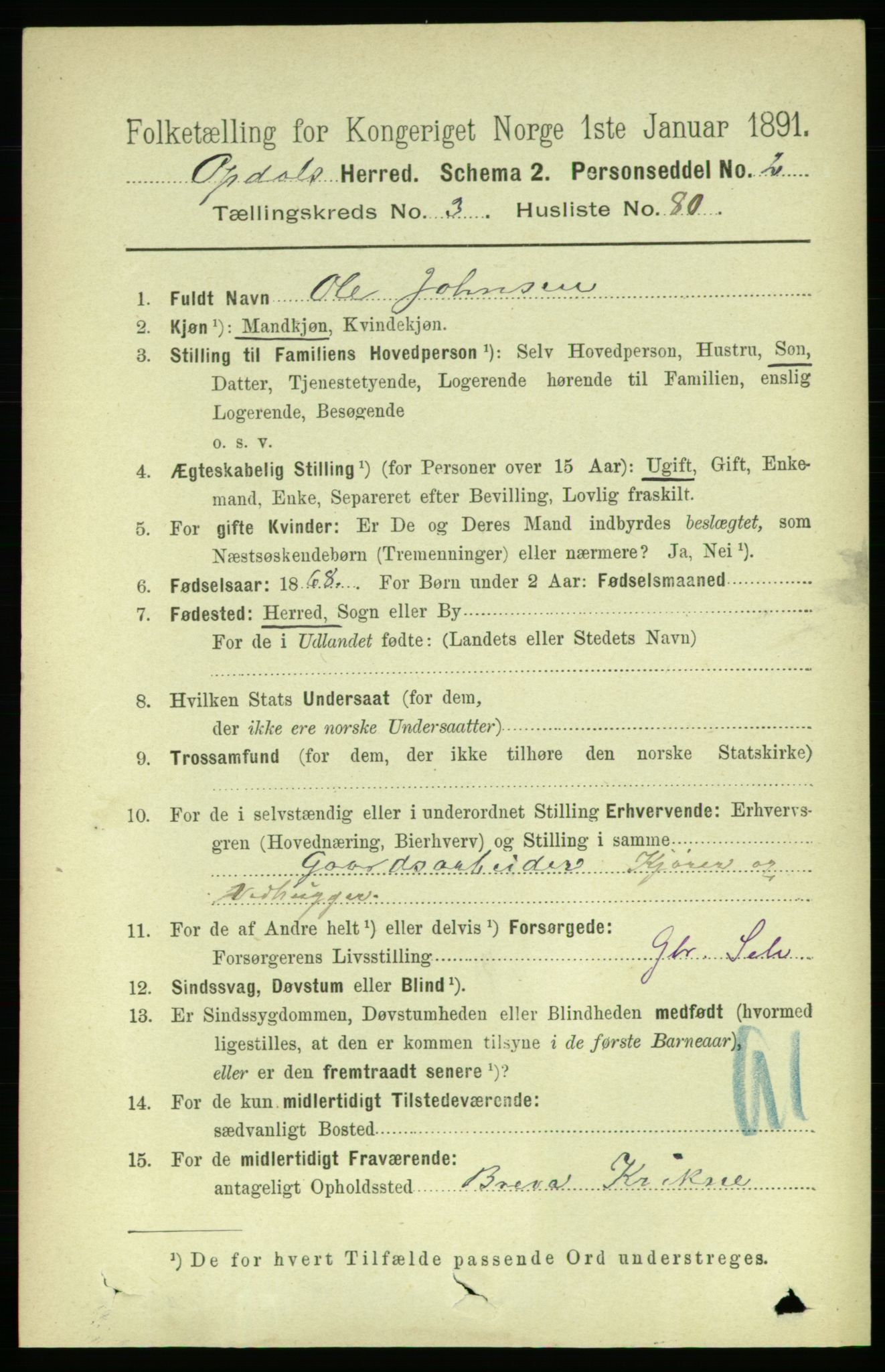 RA, 1891 census for 1634 Oppdal, 1891, p. 1723