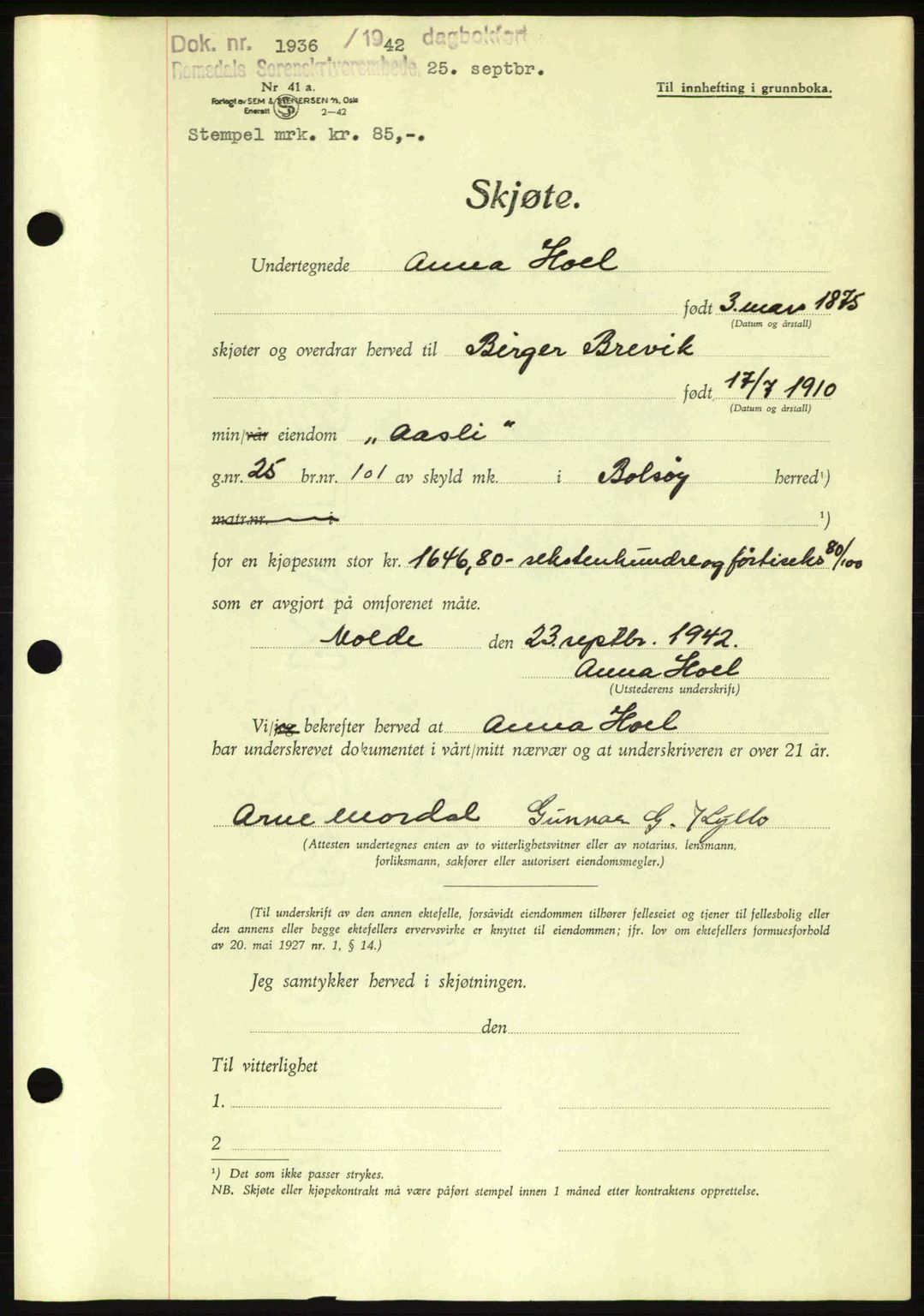 Romsdal sorenskriveri, AV/SAT-A-4149/1/2/2C: Mortgage book no. A12, 1942-1942, Diary no: : 1936/1942