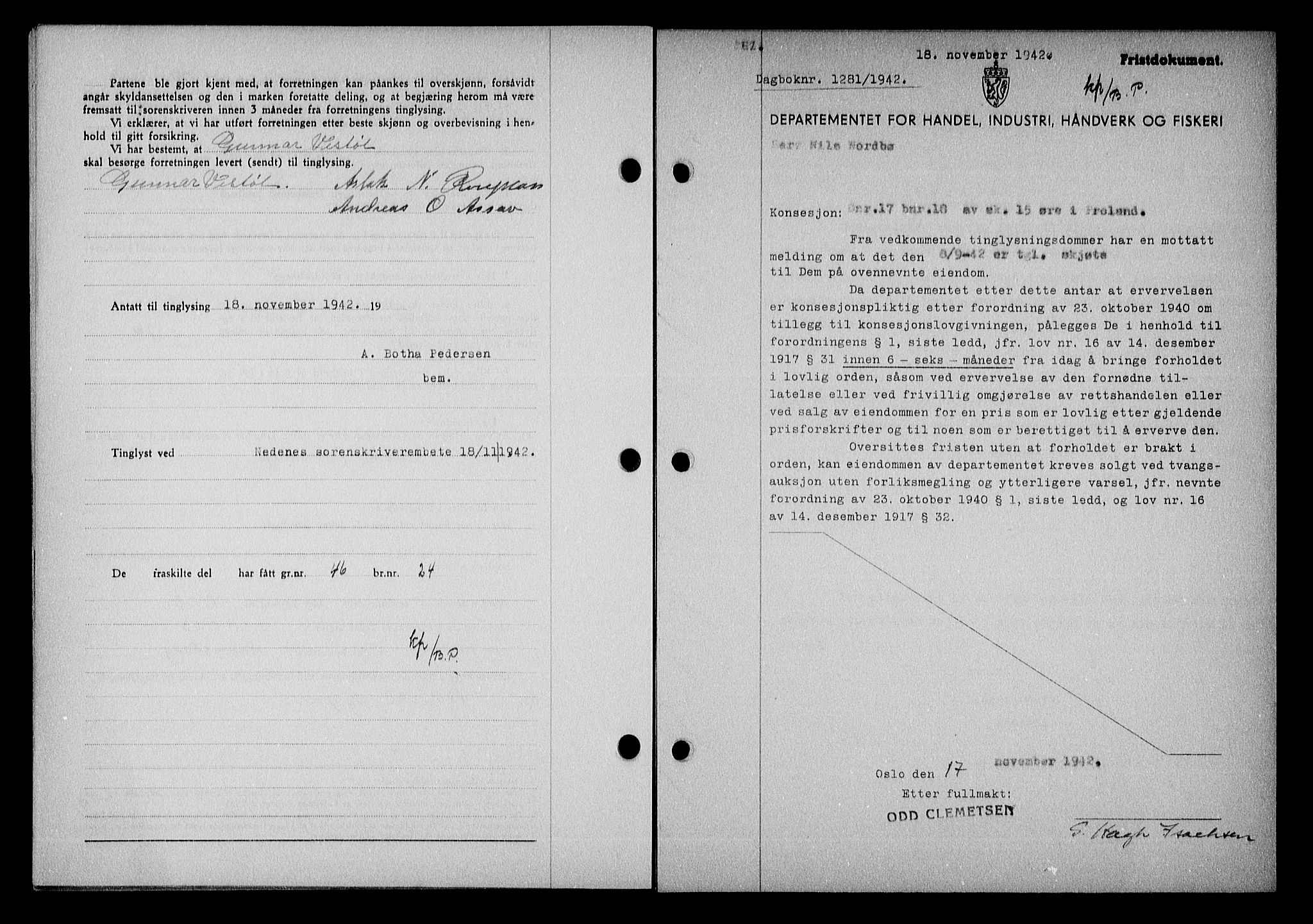 Nedenes sorenskriveri, AV/SAK-1221-0006/G/Gb/Gba/L0050: Mortgage book no. A-IV, 1942-1943, Diary no: : 1281/1942