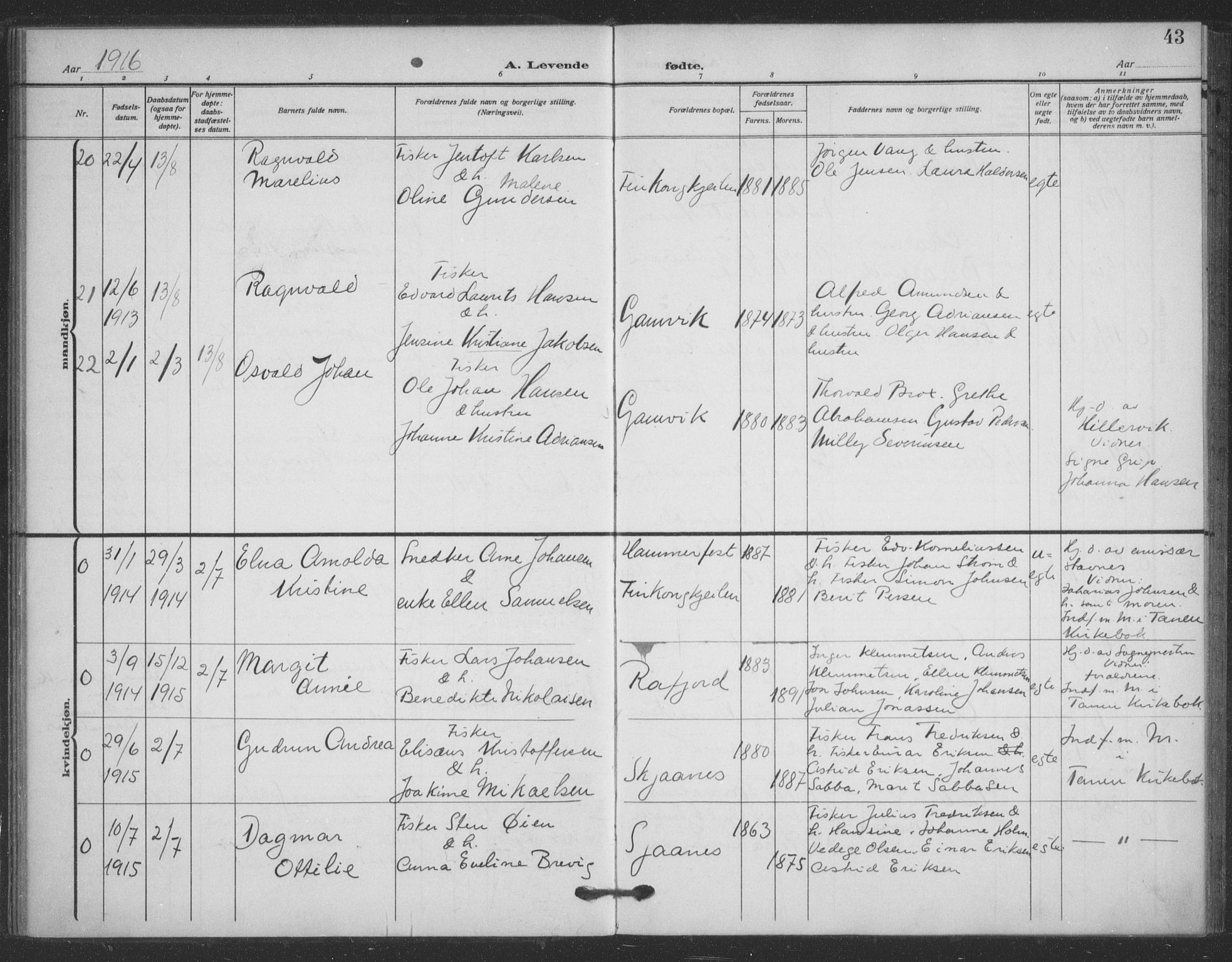 Tana sokneprestkontor, AV/SATØ-S-1334/H/Ha/L0008kirke: Parish register (official) no. 8, 1908-1920, p. 43