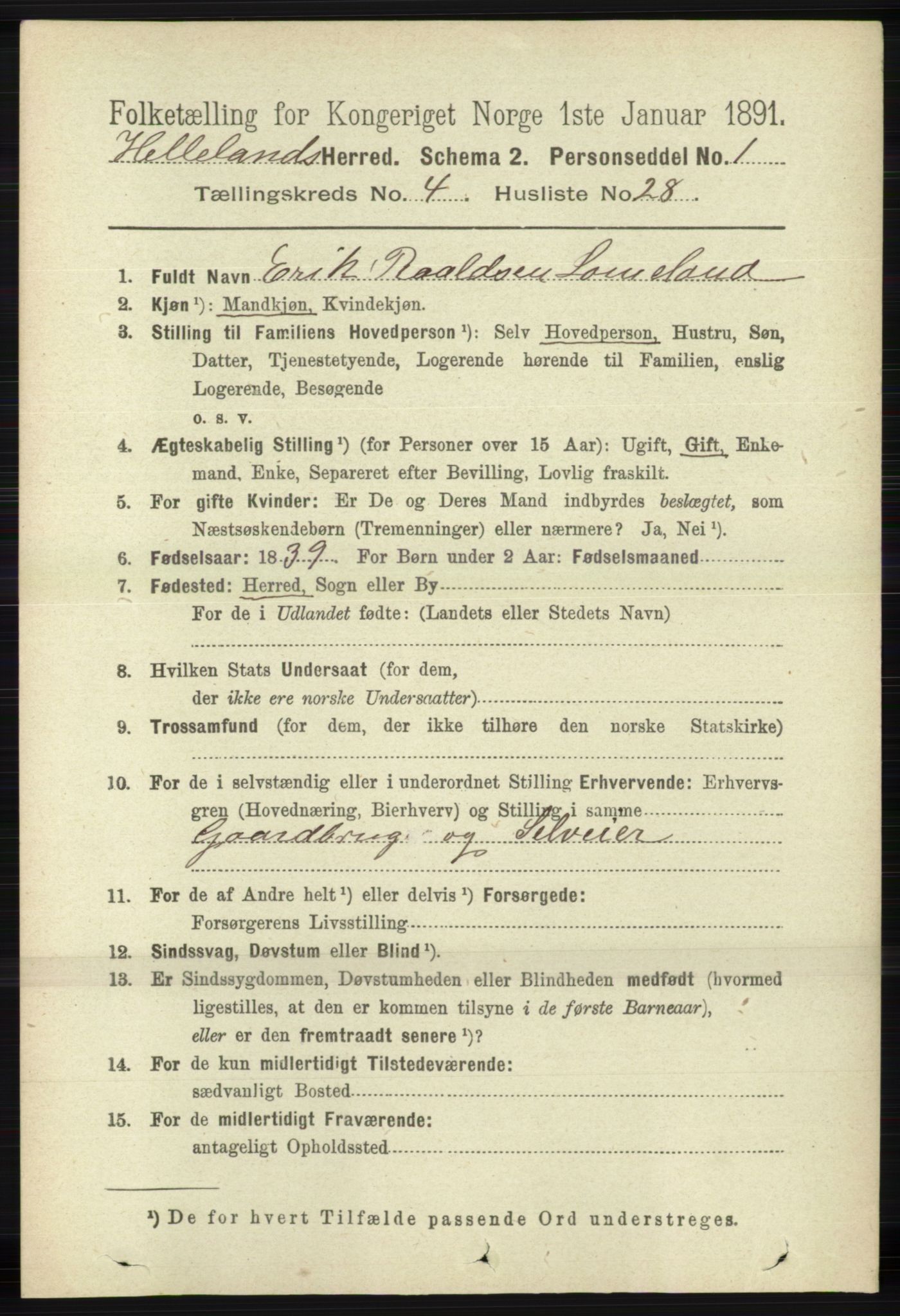 RA, 1891 census for 1115 Helleland, 1891, p. 1326