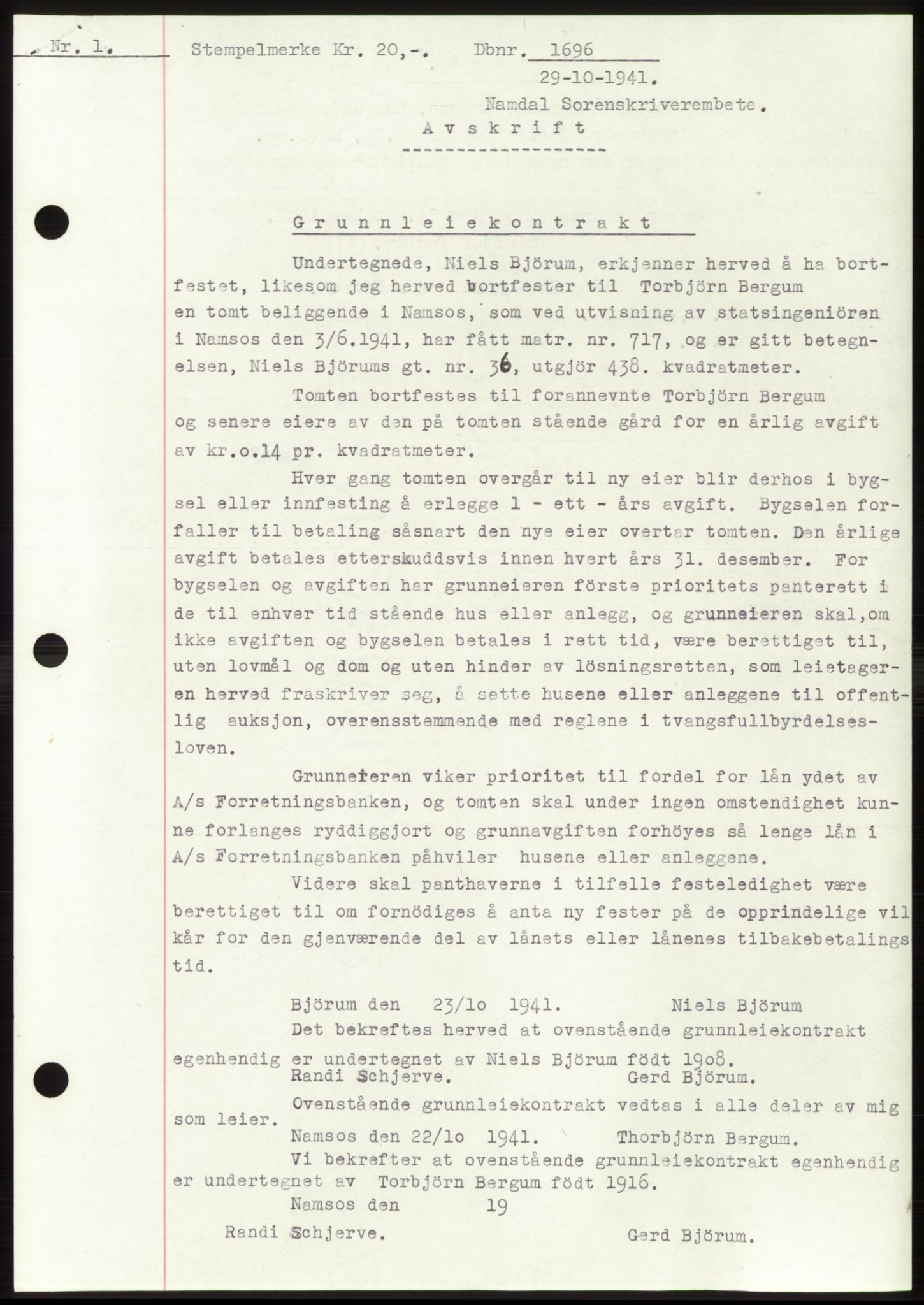 Namdal sorenskriveri, SAT/A-4133/1/2/2C: Mortgage book no. -, 1941-1942, Diary no: : 1696/1941