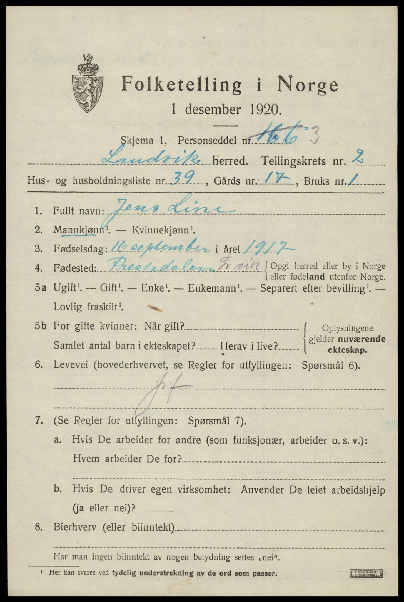 SAK, 1920 census for Landvik, 1920, p. 2098