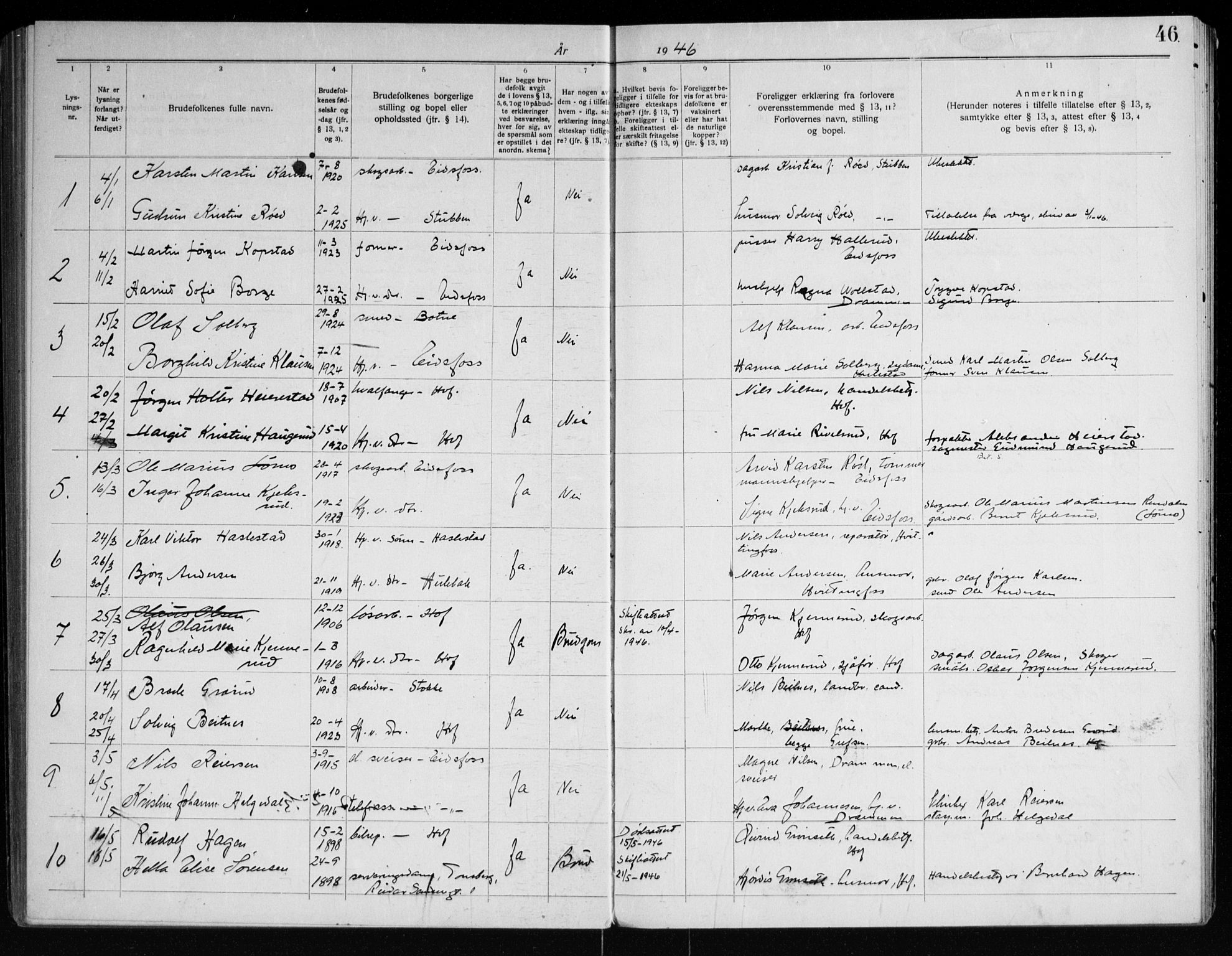 Hof kirkebøker, AV/SAKO-A-64/H/Ha/L0001: Banns register no. 1, 1919-1957, p. 46