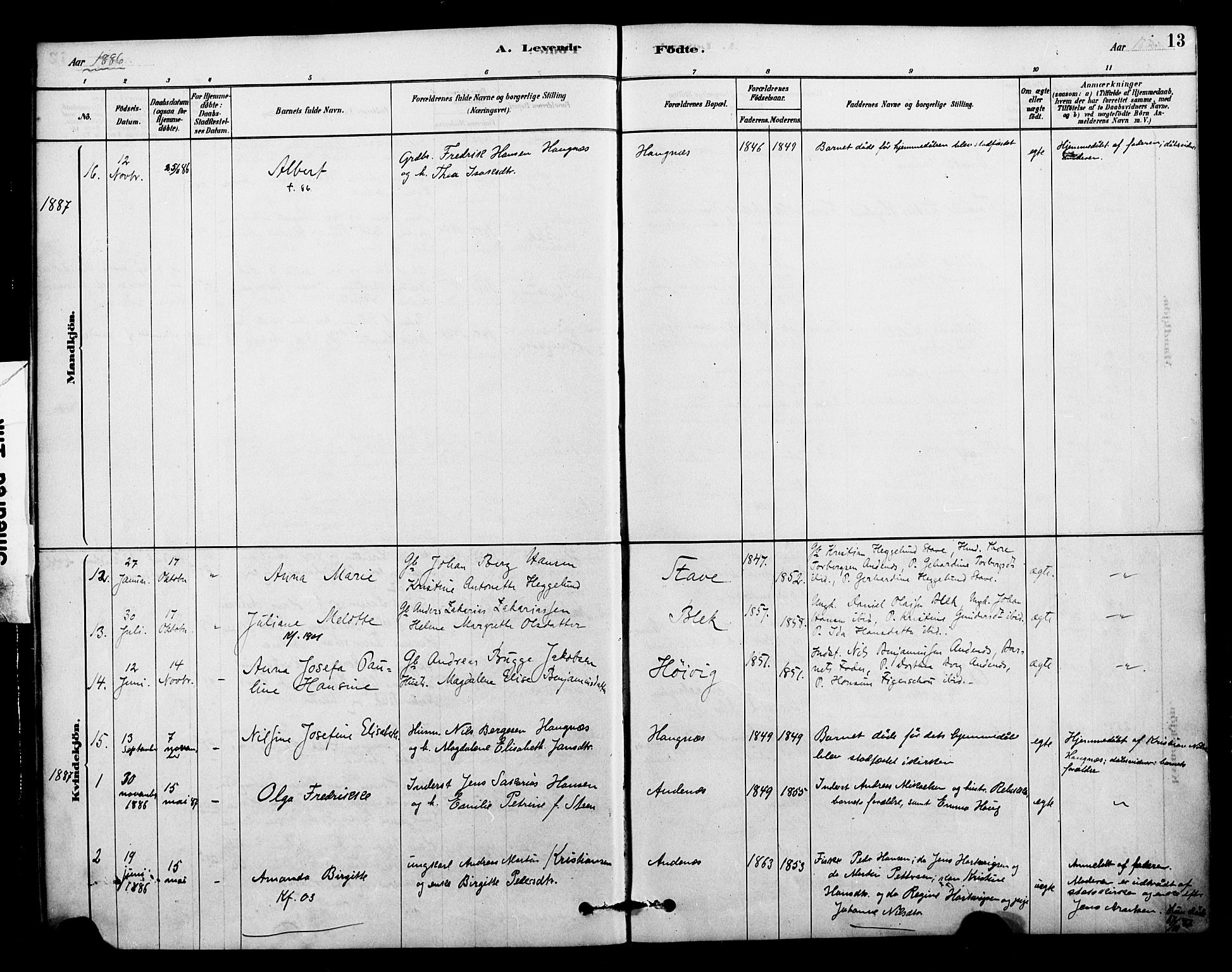 Ministerialprotokoller, klokkerbøker og fødselsregistre - Nordland, SAT/A-1459/899/L1436: Parish register (official) no. 899A04, 1881-1896, p. 13