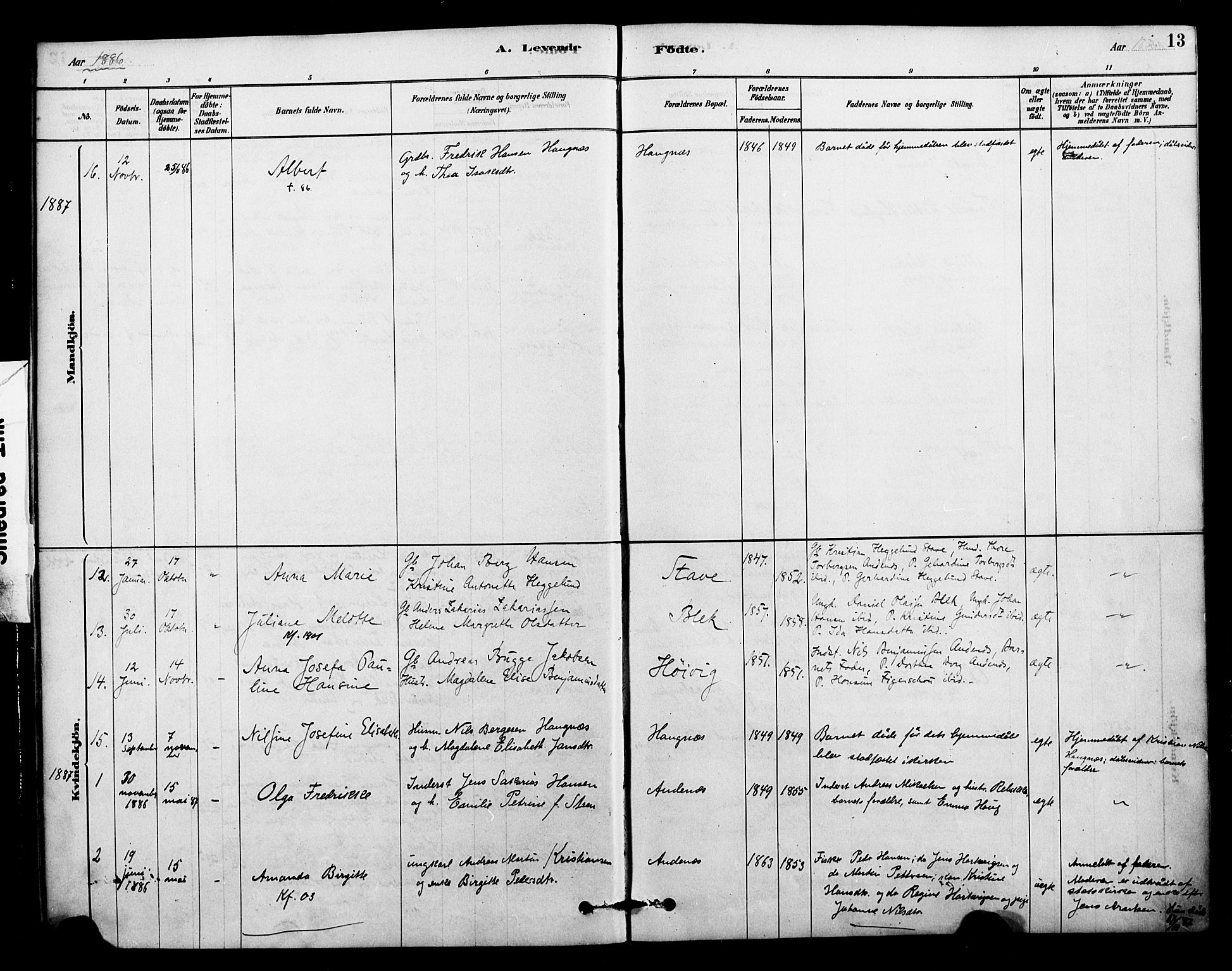 Ministerialprotokoller, klokkerbøker og fødselsregistre - Nordland, AV/SAT-A-1459/899/L1436: Parish register (official) no. 899A04, 1881-1896, p. 13