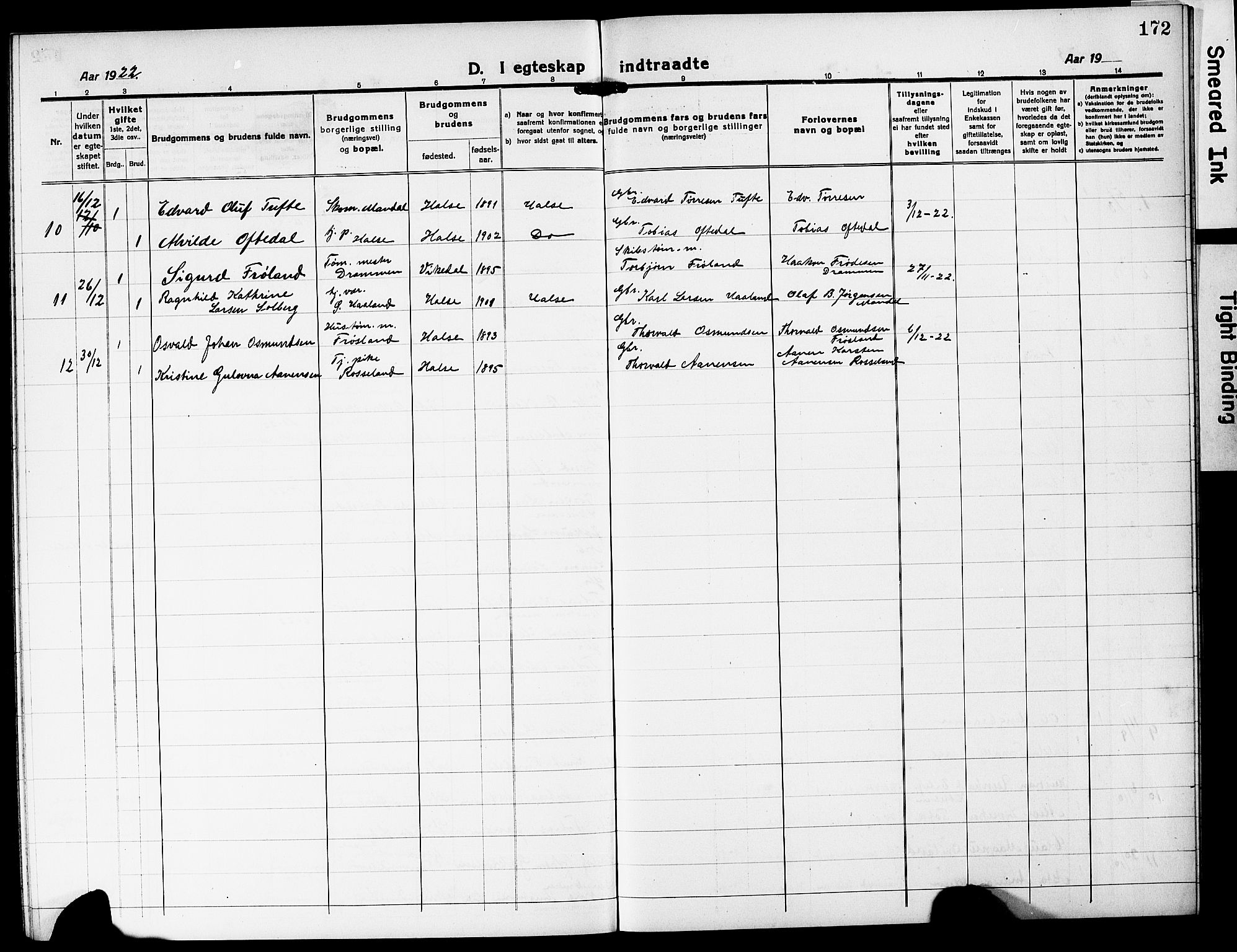 Mandal sokneprestkontor, AV/SAK-1111-0030/F/Fb/Fba/L0013: Parish register (copy) no. B 7, 1918-1931, p. 172