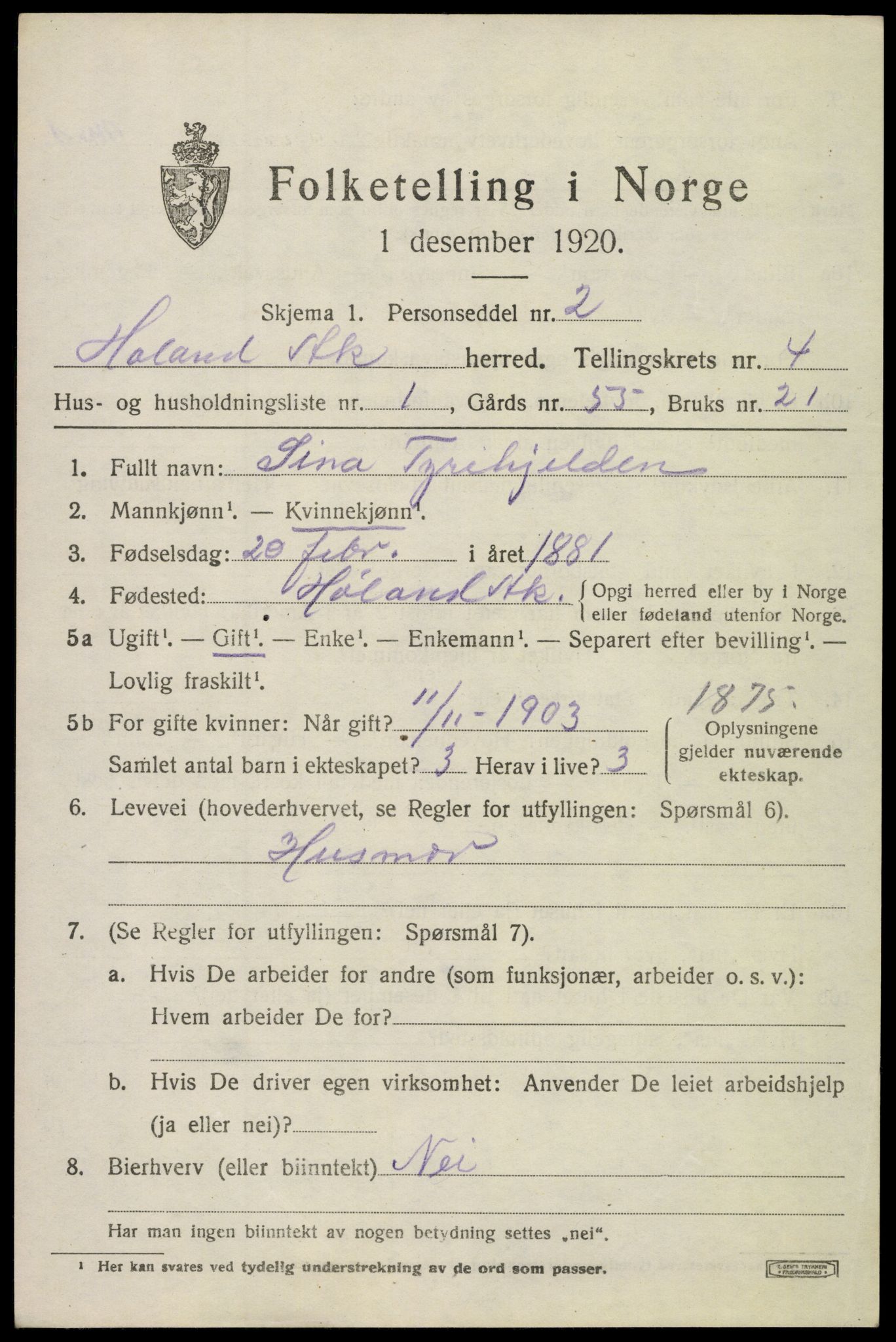 SAO, 1920 census for Høland, 1920, p. 5873