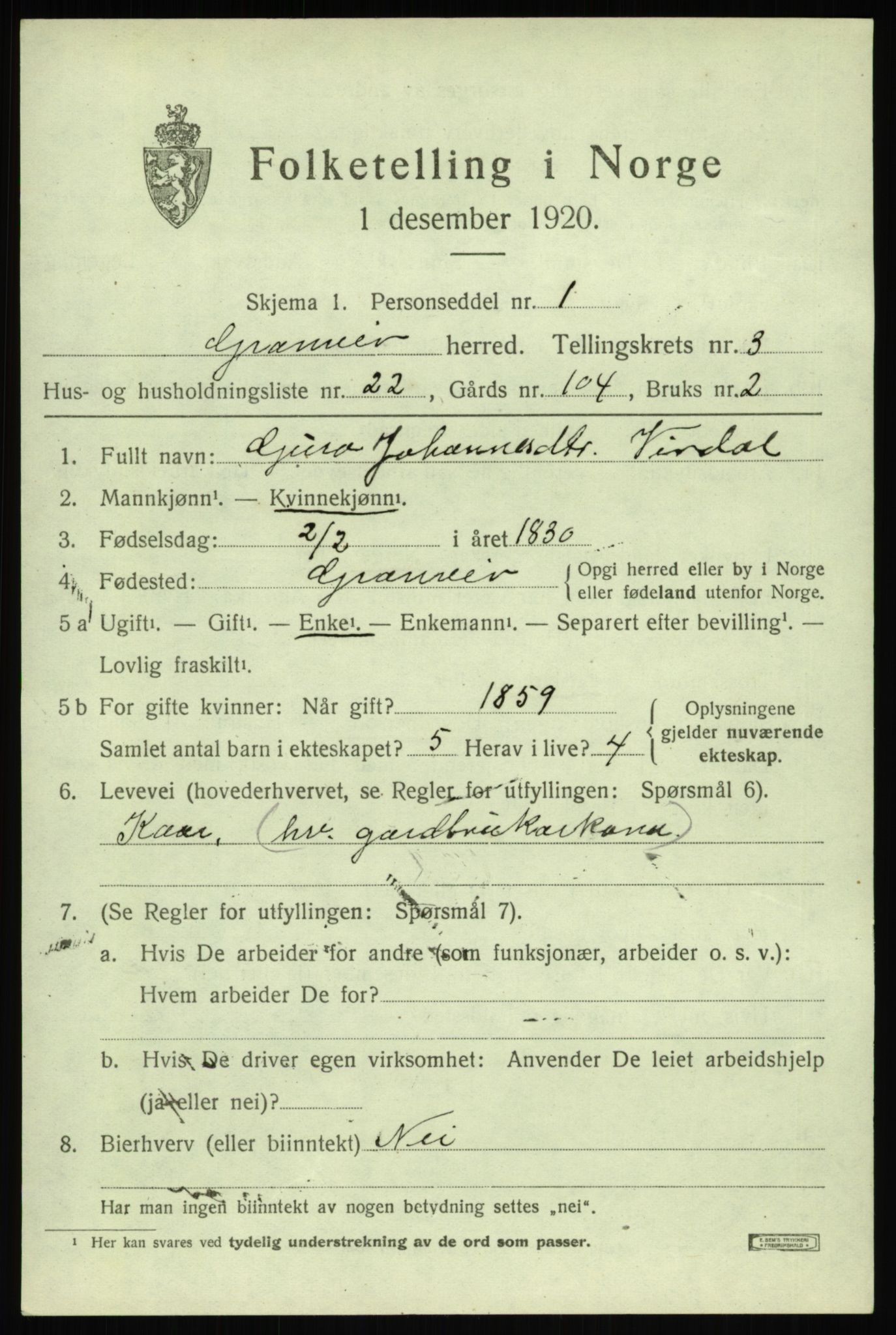 SAB, 1920 census for Granvin, 1920, p. 1378