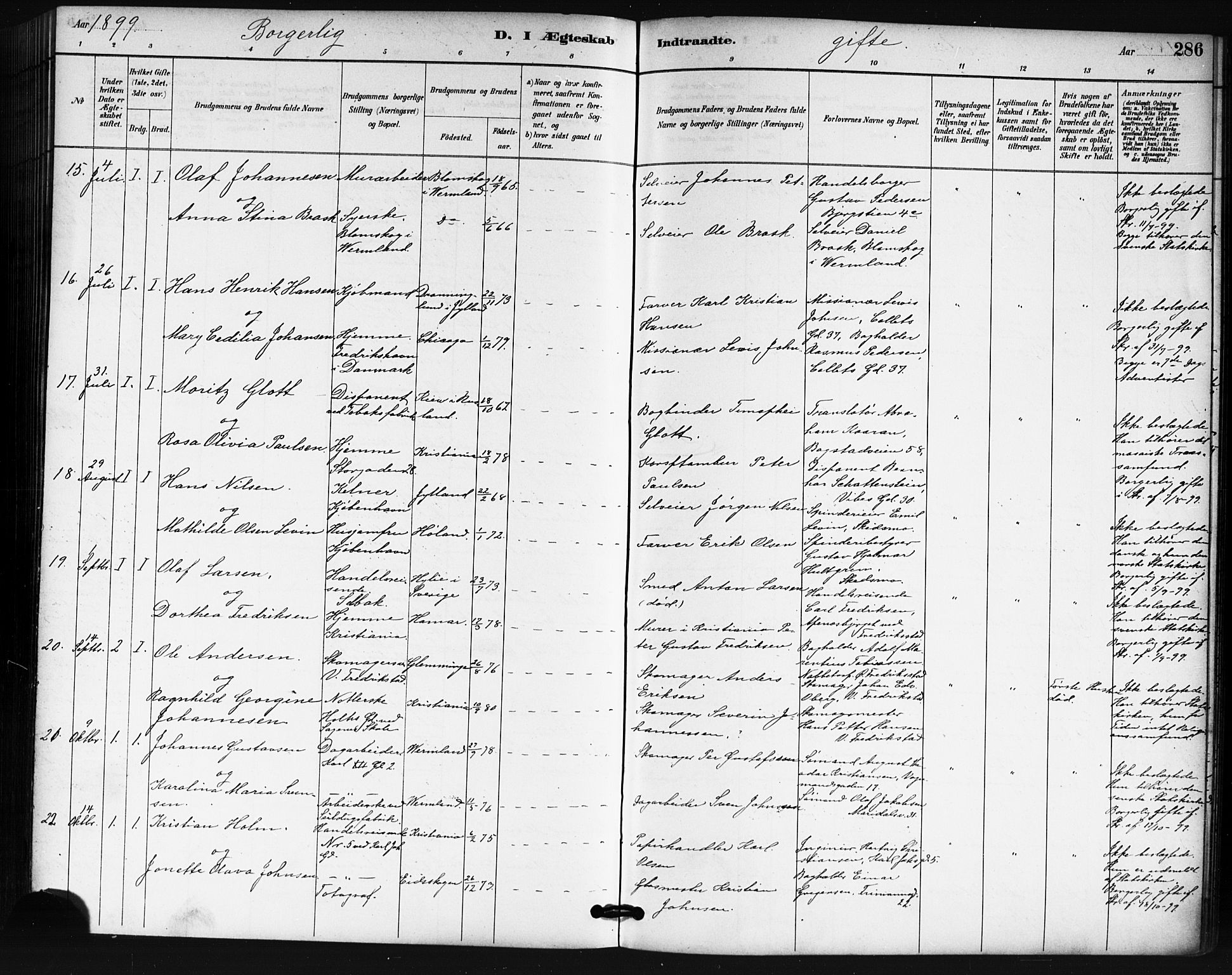 Oslo domkirke Kirkebøker, SAO/A-10752/F/Fa/L0032: Parish register (official) no. 32, 1885-1902, p. 286