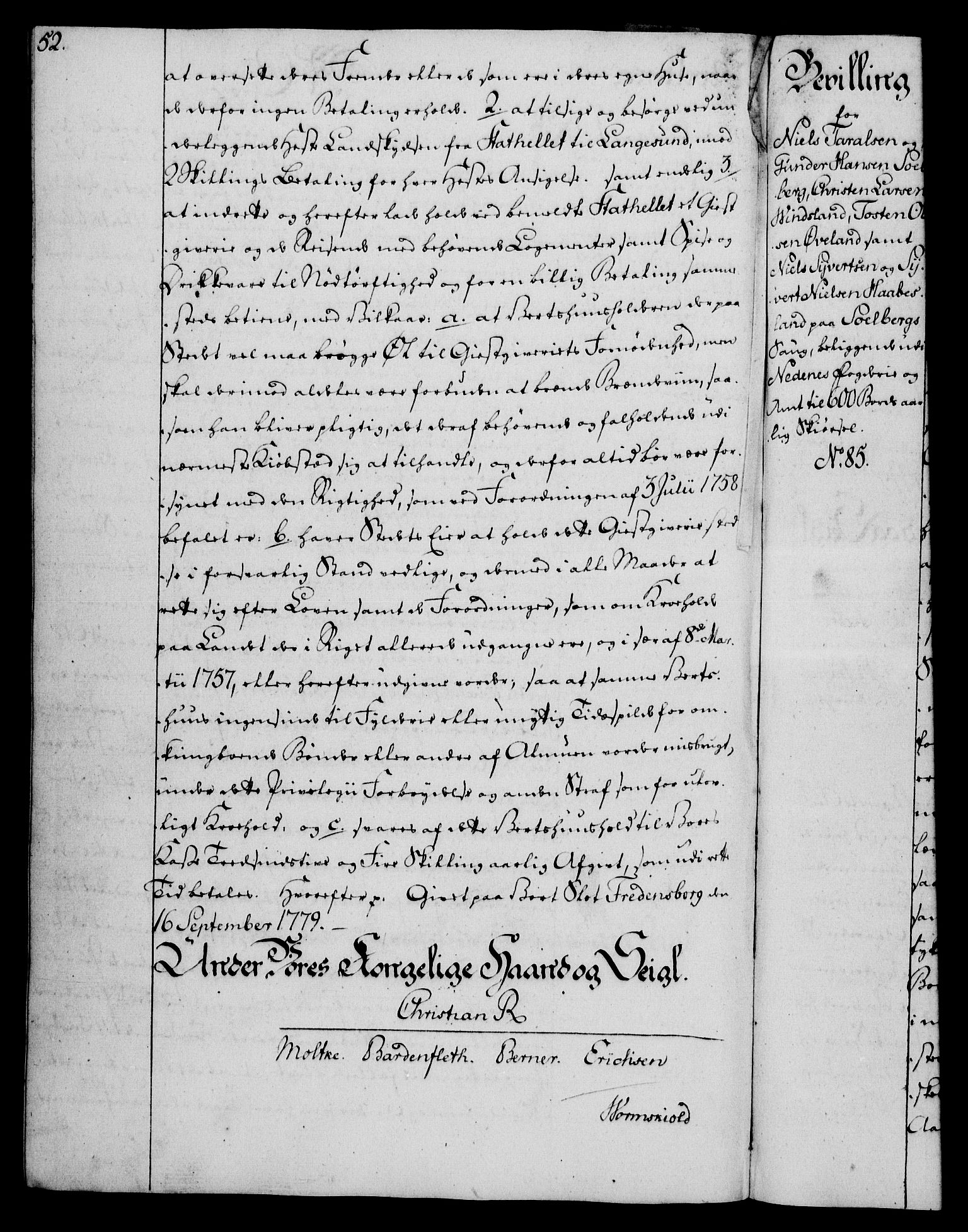 Rentekammeret, Kammerkanselliet, AV/RA-EA-3111/G/Gg/Gga/L0011: Norsk ekspedisjonsprotokoll med register (merket RK 53.11), 1779-1781, p. 52