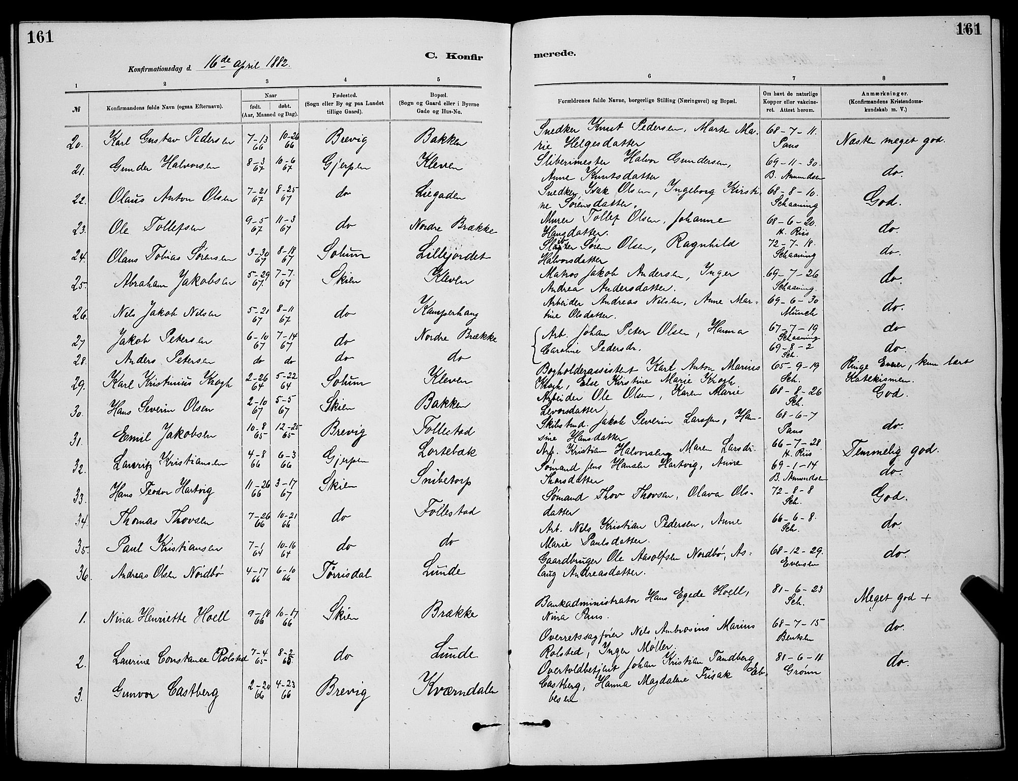 Skien kirkebøker, SAKO/A-302/G/Ga/L0006: Parish register (copy) no. 6, 1881-1890, p. 161