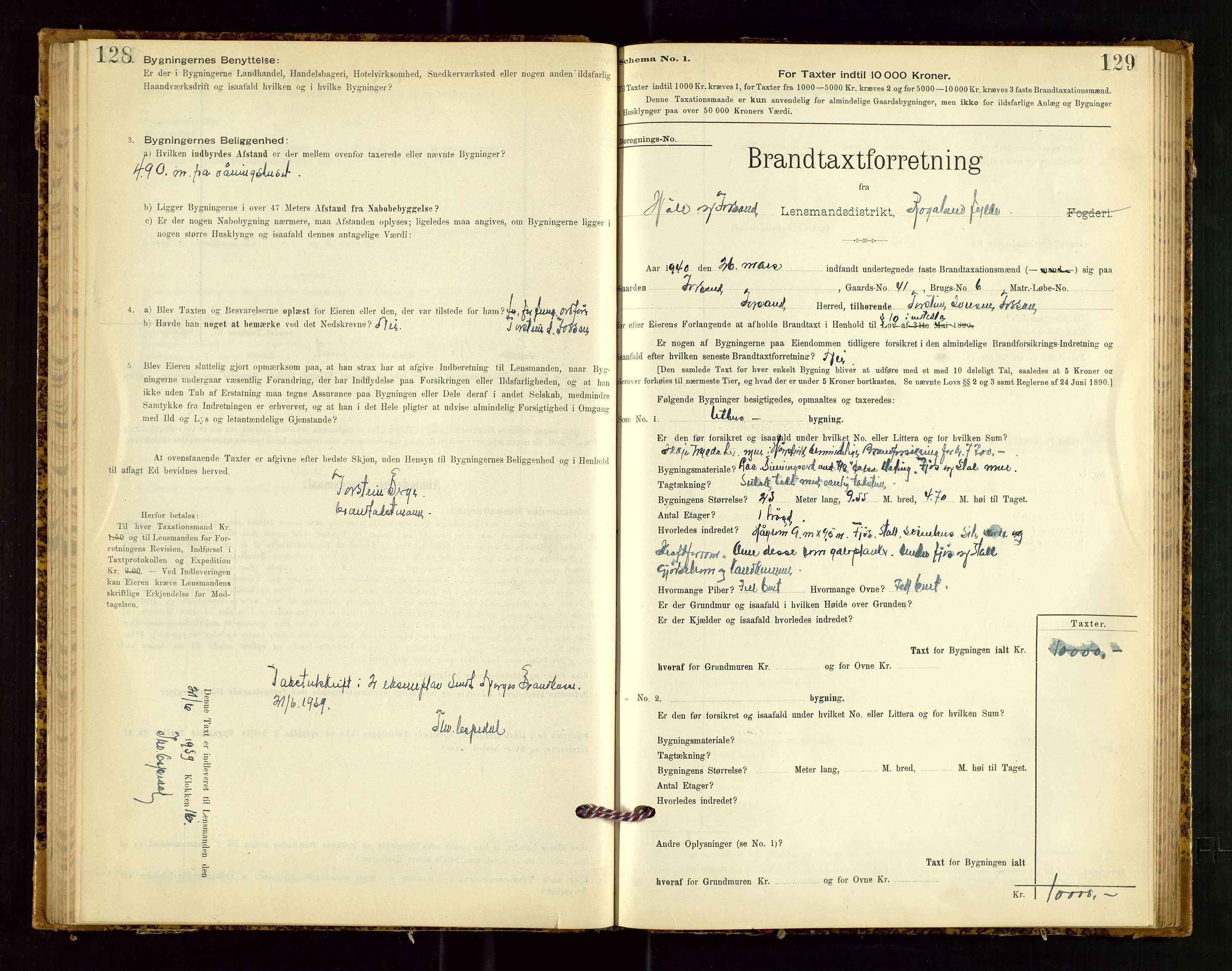 Høle og Forsand lensmannskontor, SAST/A-100127/Gob/L0001: "Brandtaxtprotokol" - skjematakst, 1897-1940, p. 128-129