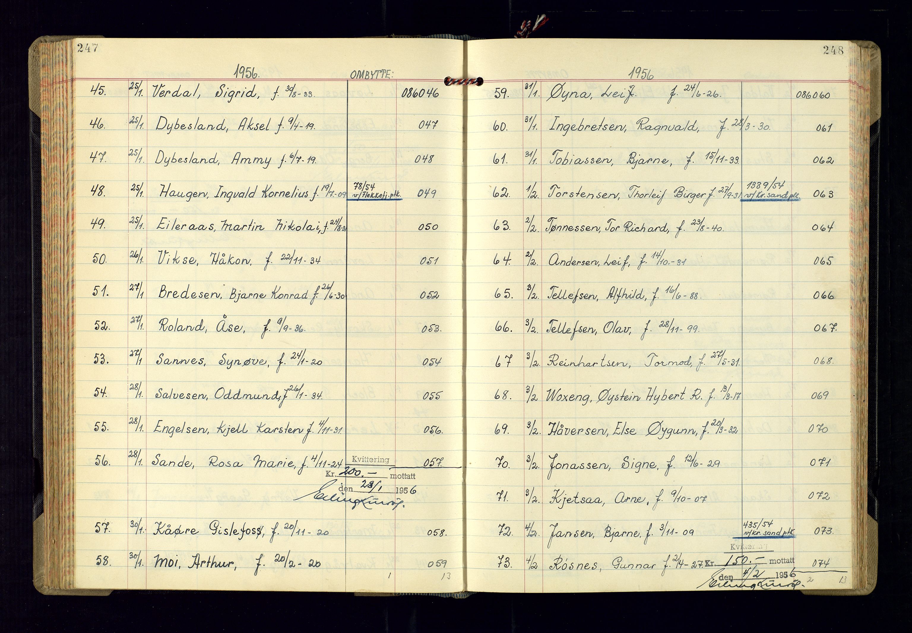 Kristiansand politikammer - 2, AV/SAK-1243-0009/K/Ka/Kaa/L0613: Passprotokoll, liste med løpenumre, 1954-1958, p. 247-248