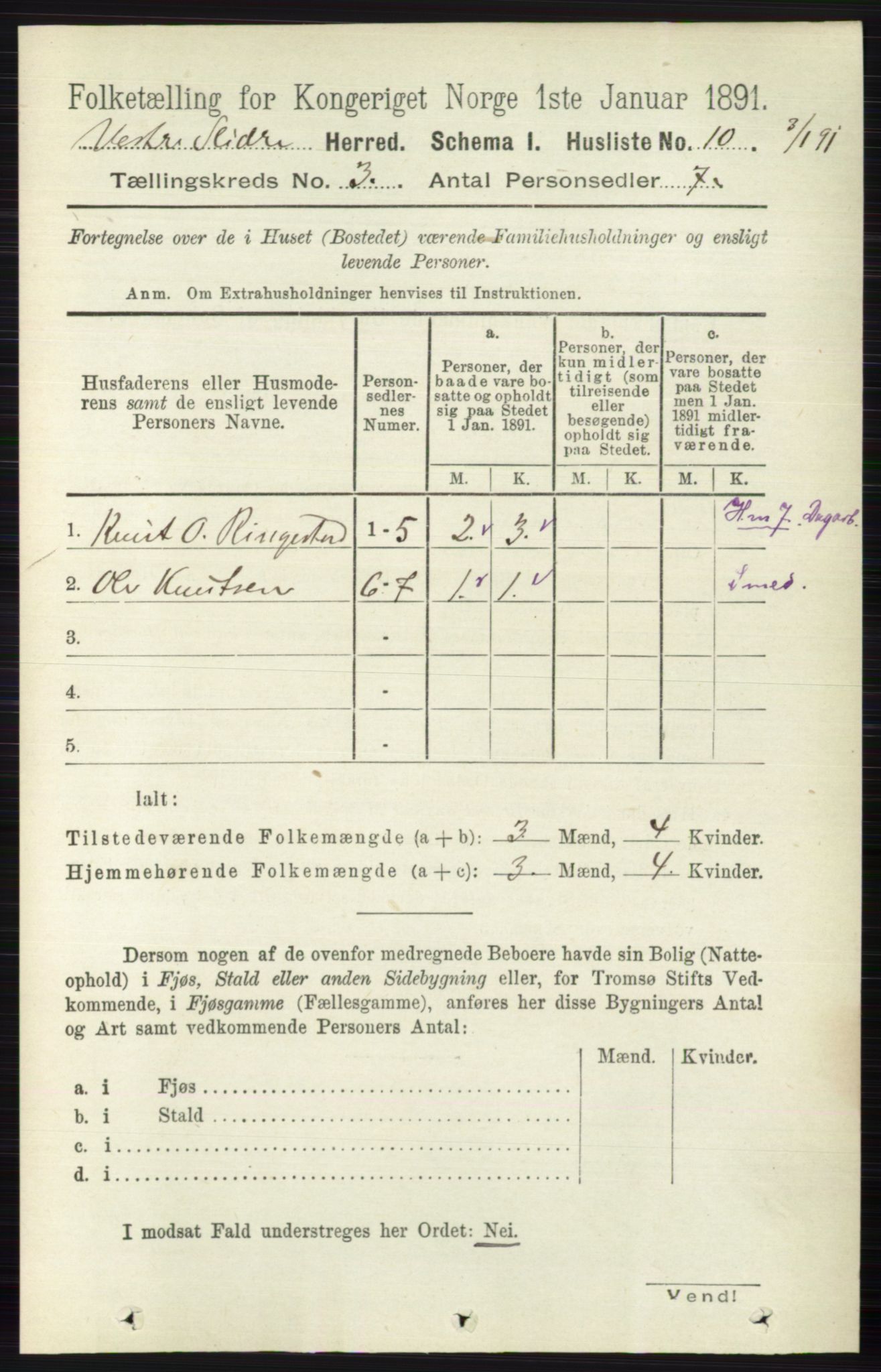 RA, 1891 census for 0543 Vestre Slidre, 1891, p. 773