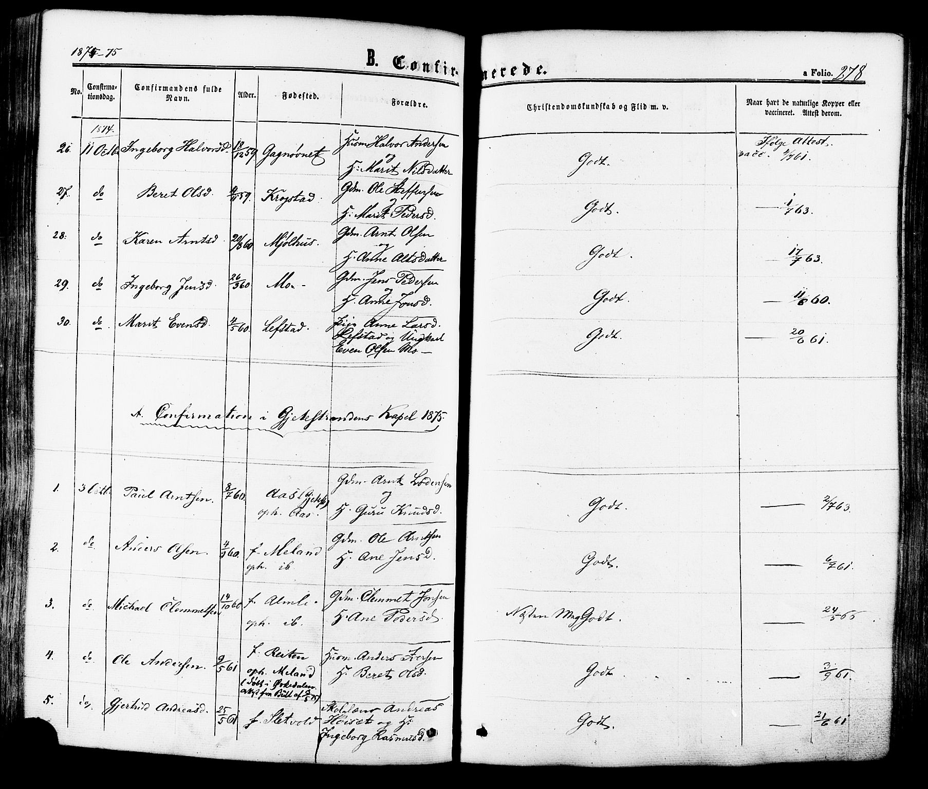 Ministerialprotokoller, klokkerbøker og fødselsregistre - Sør-Trøndelag, SAT/A-1456/665/L0772: Parish register (official) no. 665A07, 1856-1878, p. 278