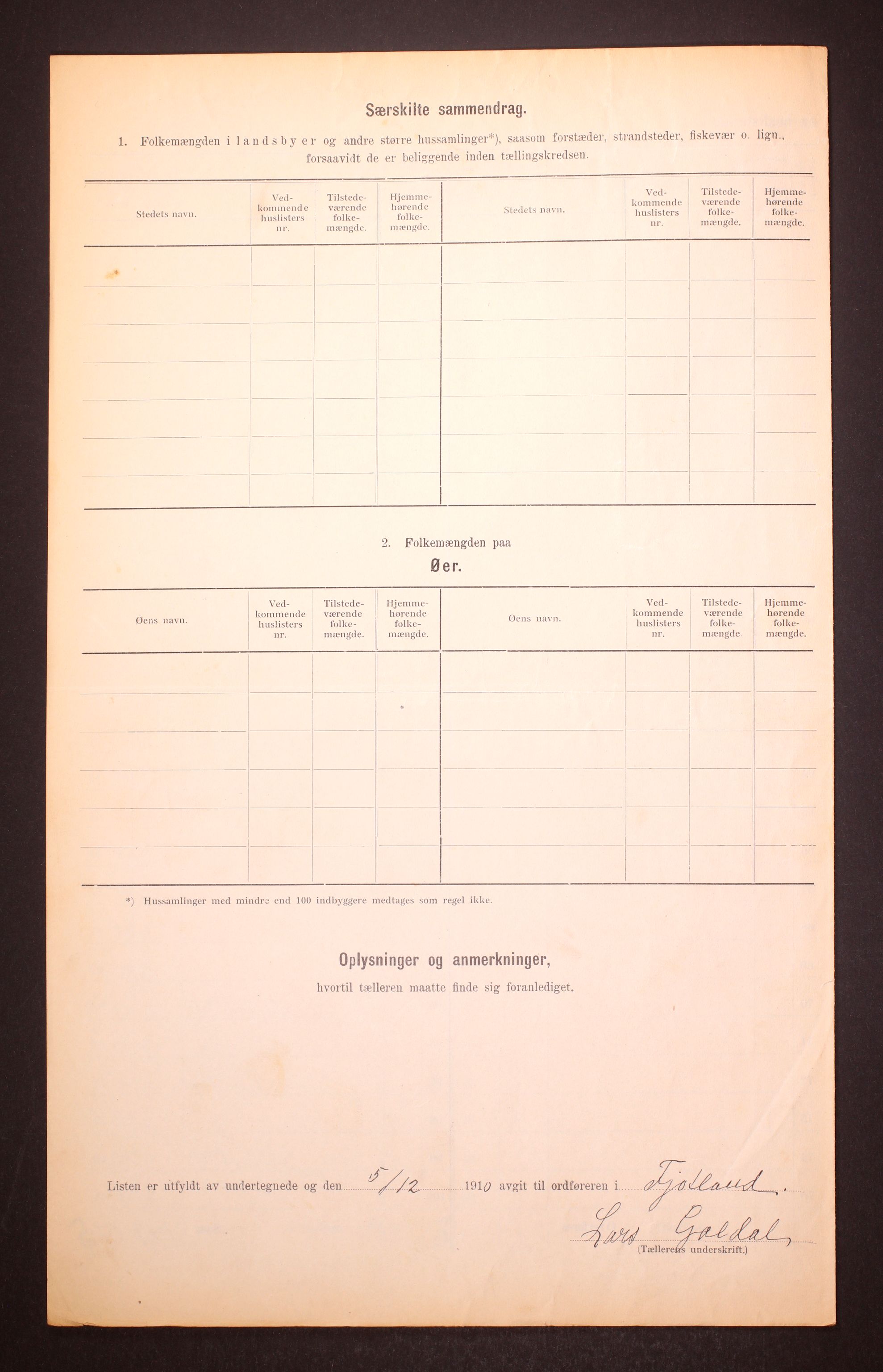 RA, 1910 census for Fjotland, 1910, p. 6