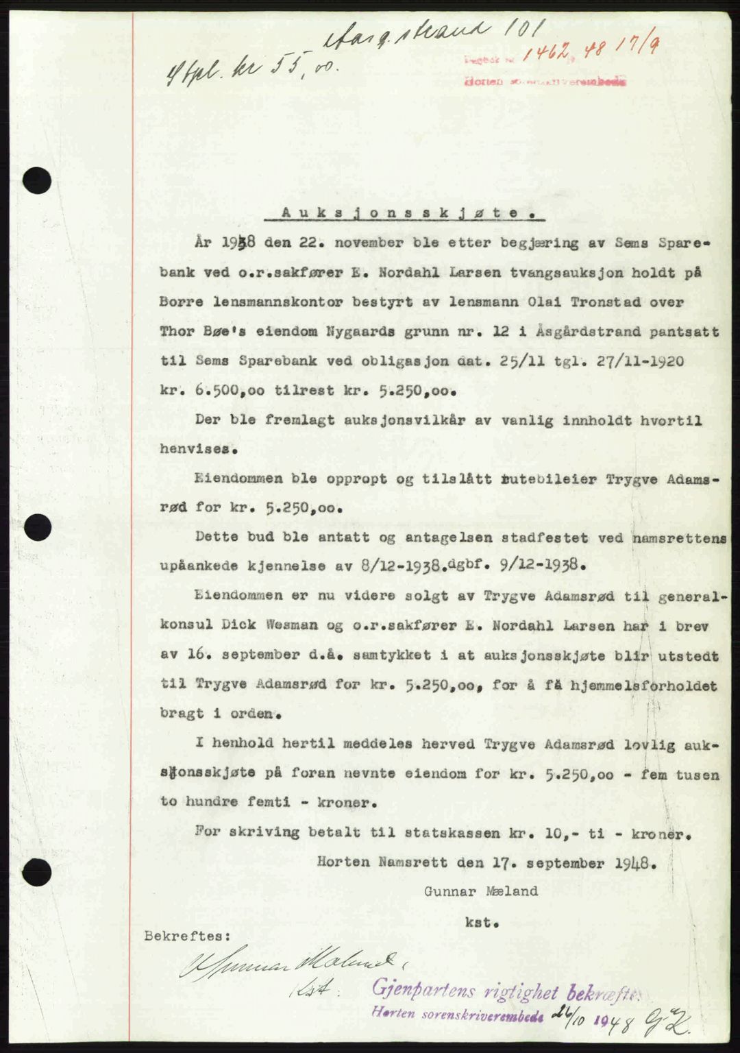 Horten sorenskriveri, AV/SAKO-A-133/G/Ga/Gaa/L0011: Mortgage book no. A-11, 1948-1948, Diary no: : 1462/1948