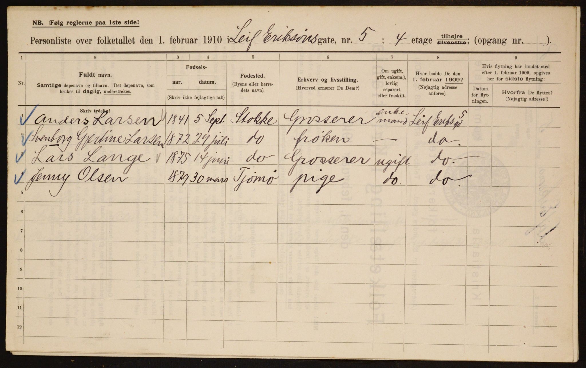 OBA, Municipal Census 1910 for Kristiania, 1910, p. 55487