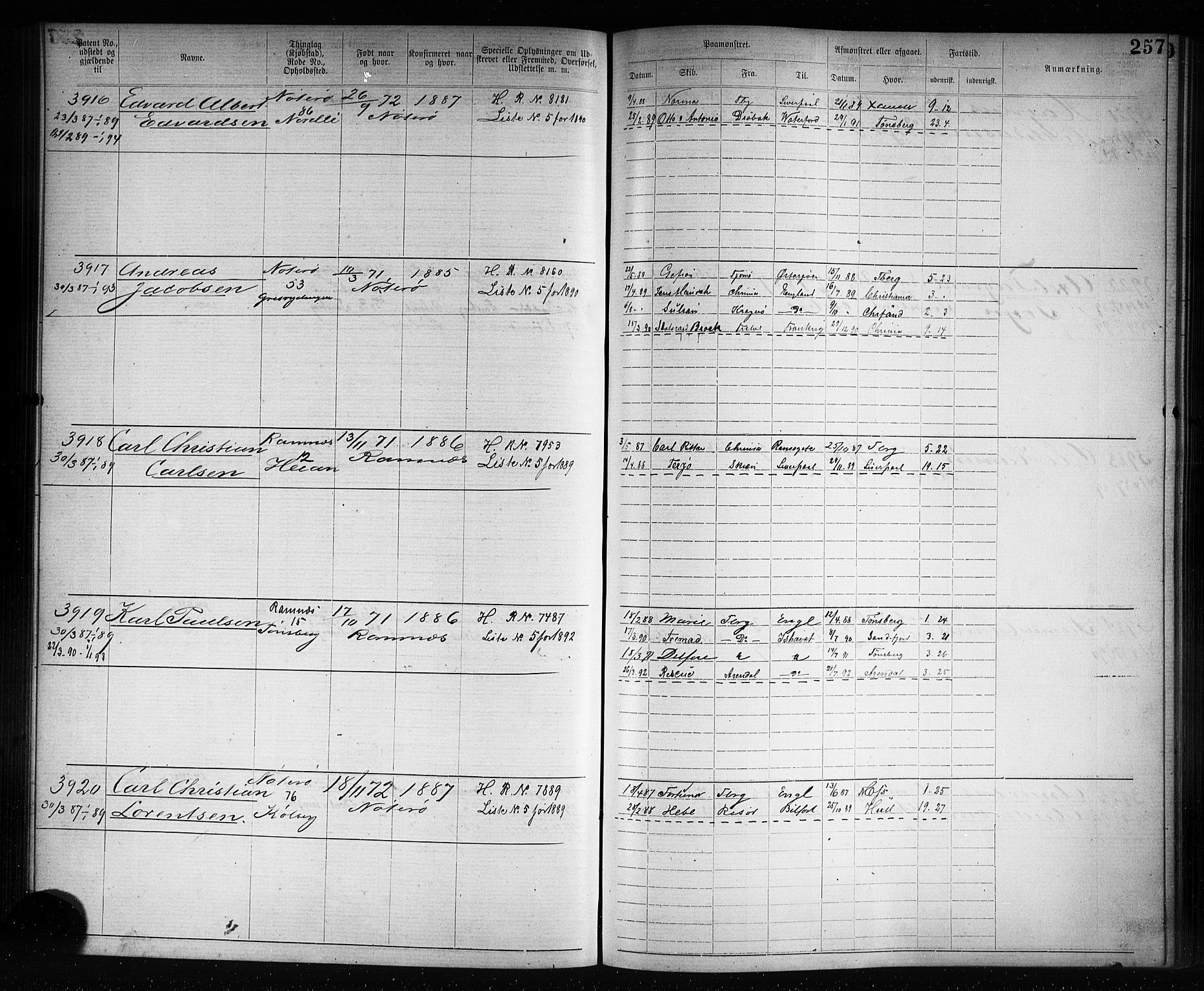 Tønsberg innrulleringskontor, AV/SAKO-A-786/F/Fb/L0007: Annotasjonsrulle Patent nr. 2636-5150, 1881-1892, p. 258