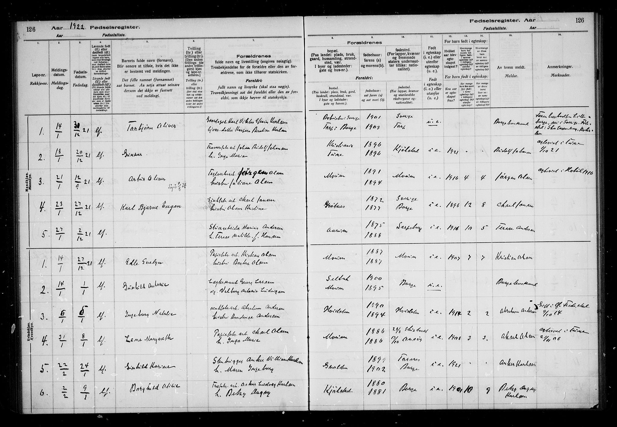 Borge prestekontor Kirkebøker, SAO/A-10903/J/Ja/L0001: Birth register no. I 1, 1916-1925, p. 126