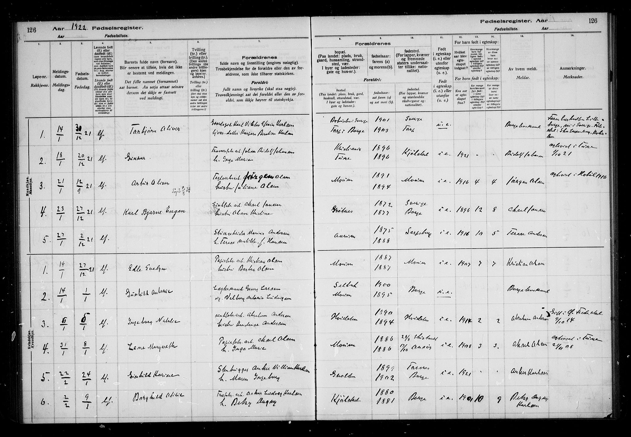 Borge prestekontor Kirkebøker, AV/SAO-A-10903/J/Ja/L0001: Birth register no. I 1, 1916-1925, p. 126