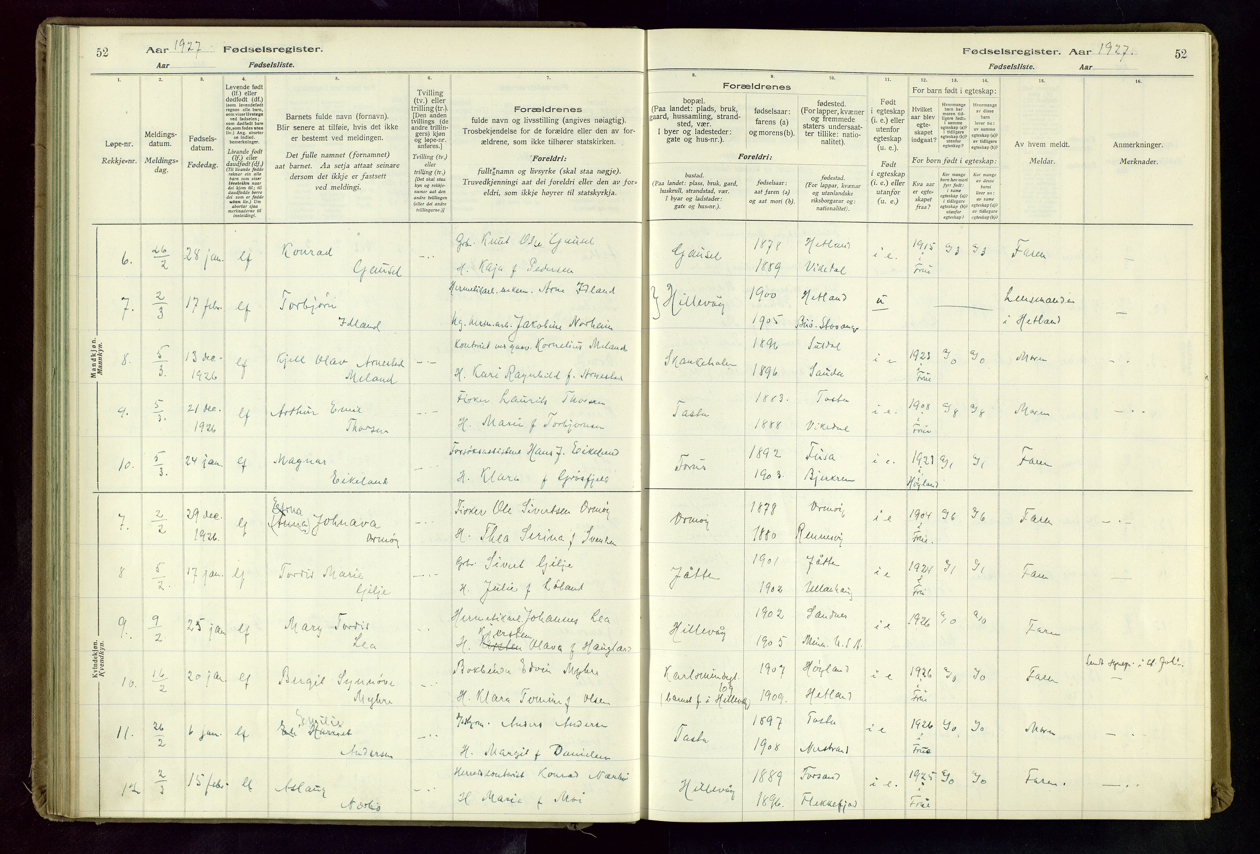 Hetland sokneprestkontor, SAST/A-101826/70/704BA/L0004: Birth register no. 4, 1923-1937, p. 52