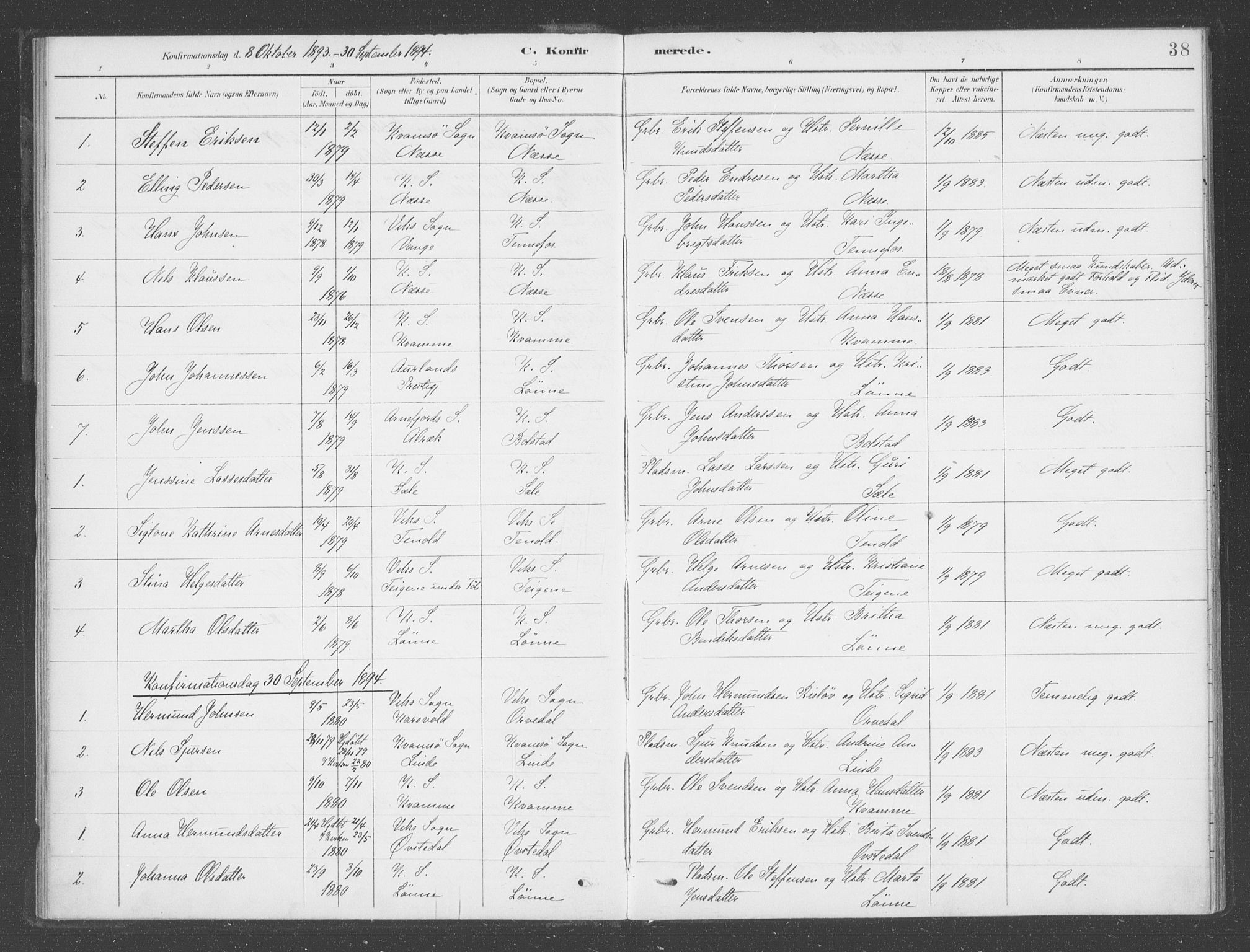 Vik sokneprestembete, AV/SAB-A-81501/H/Haa/Haad/L0002: Parish register (official) no. D  2, 1891-1907, p. 38