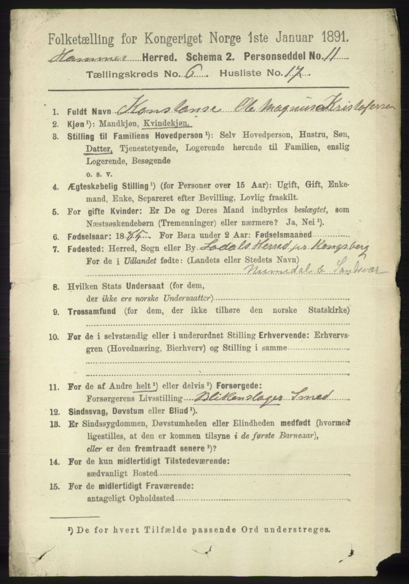 RA, 1891 census for 1254 Hamre, 1891, p. 1649