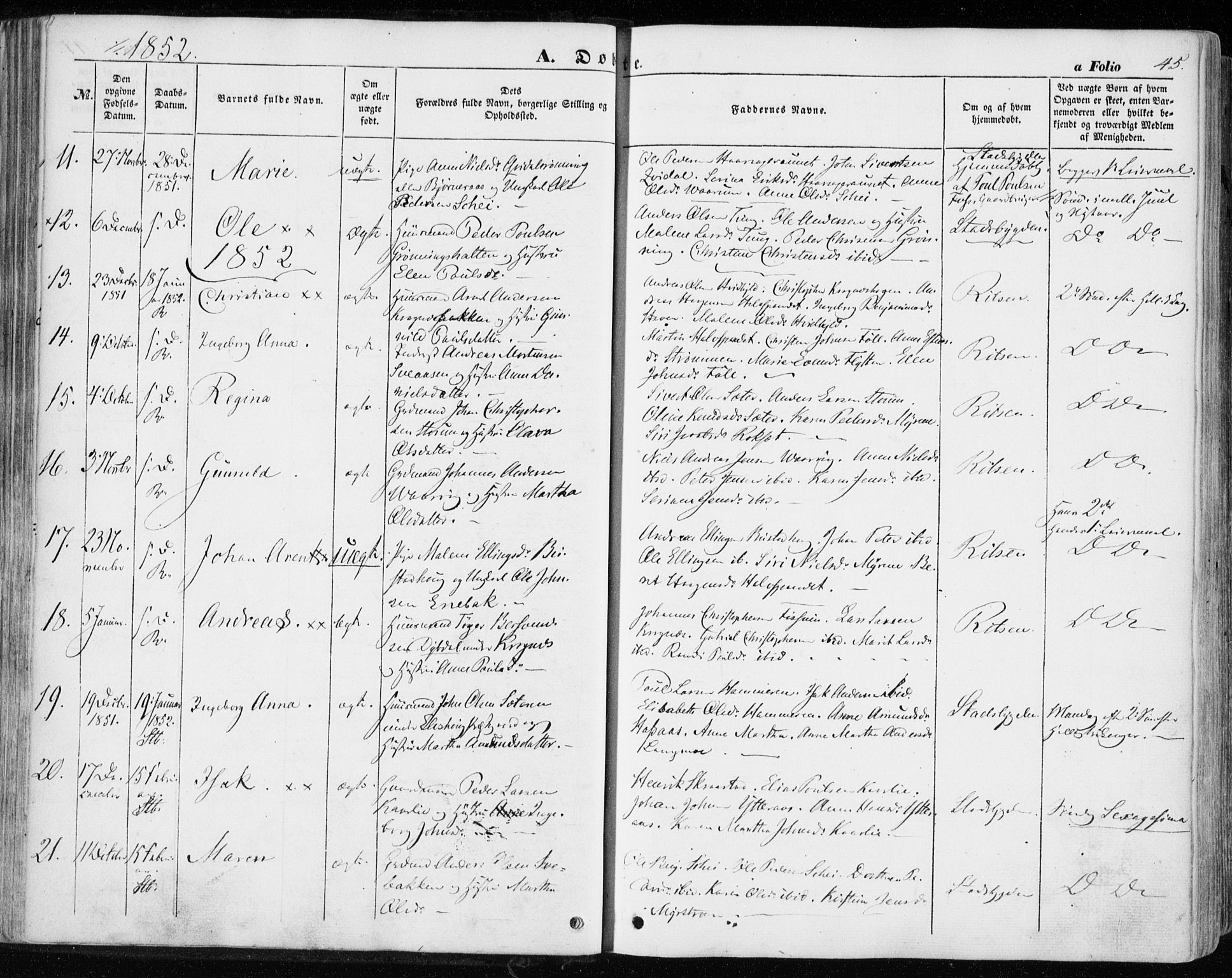 Ministerialprotokoller, klokkerbøker og fødselsregistre - Sør-Trøndelag, SAT/A-1456/646/L0611: Parish register (official) no. 646A09, 1848-1857, p. 45