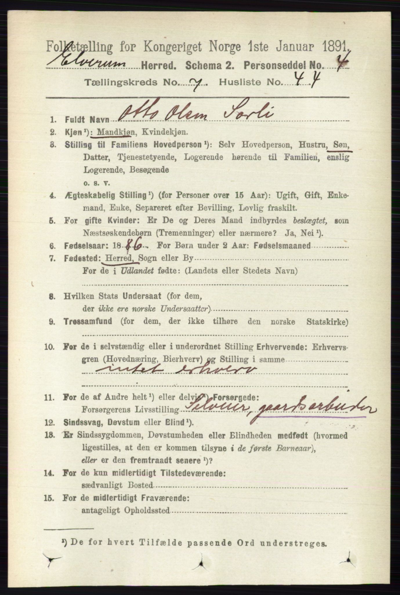 RA, 1891 census for 0427 Elverum, 1891, p. 5905