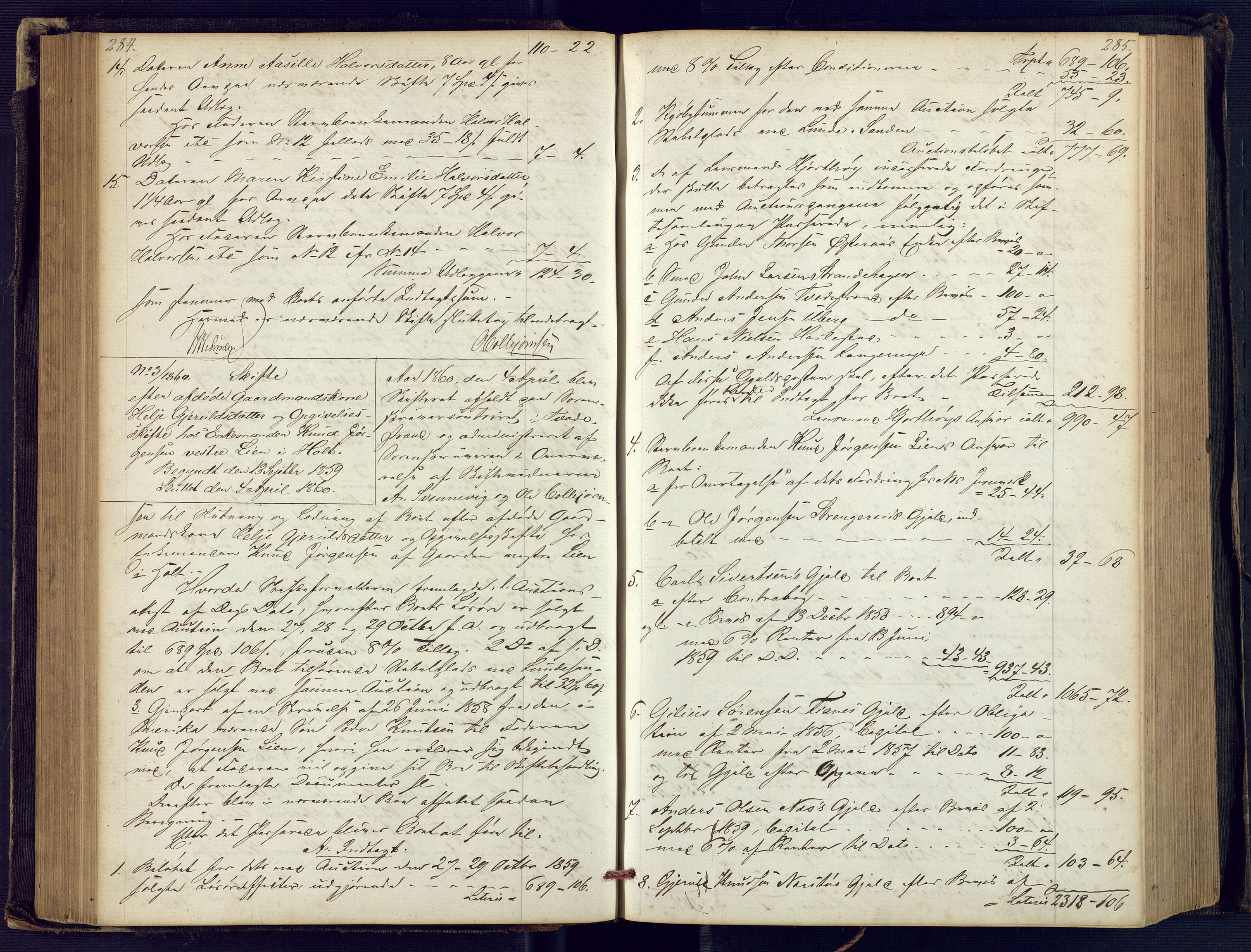 Holt sorenskriveri, SAK/1221-0002/H/Hc/L0029: Skifteutlodningsprotokoll nr. 4 med løst register, 1857-1862, p. 284-285