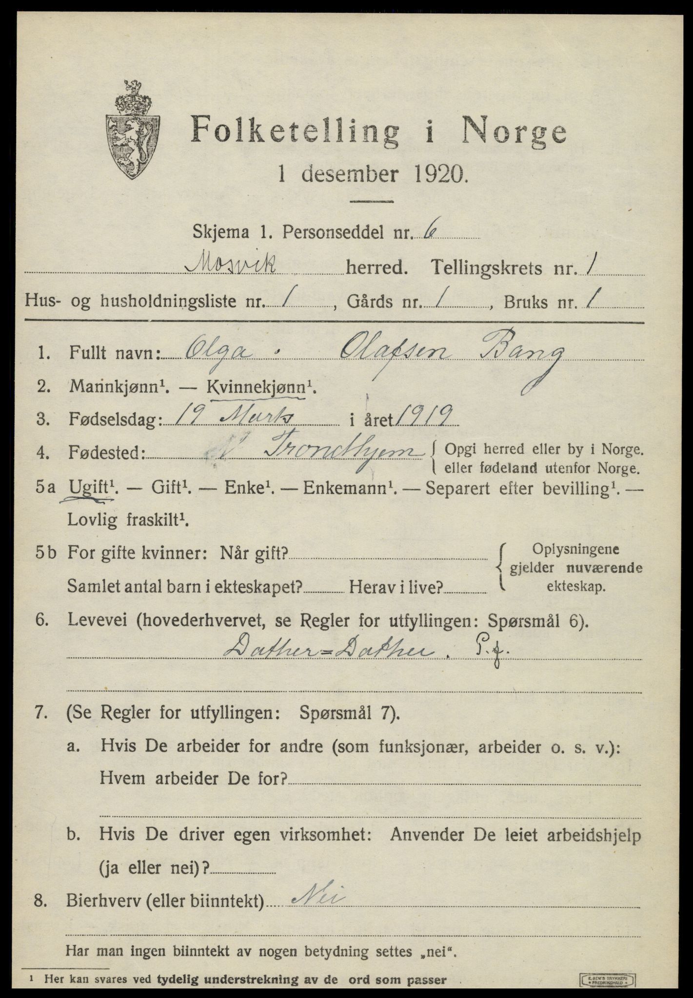 SAT, 1920 census for Mosvik, 1920, p. 384