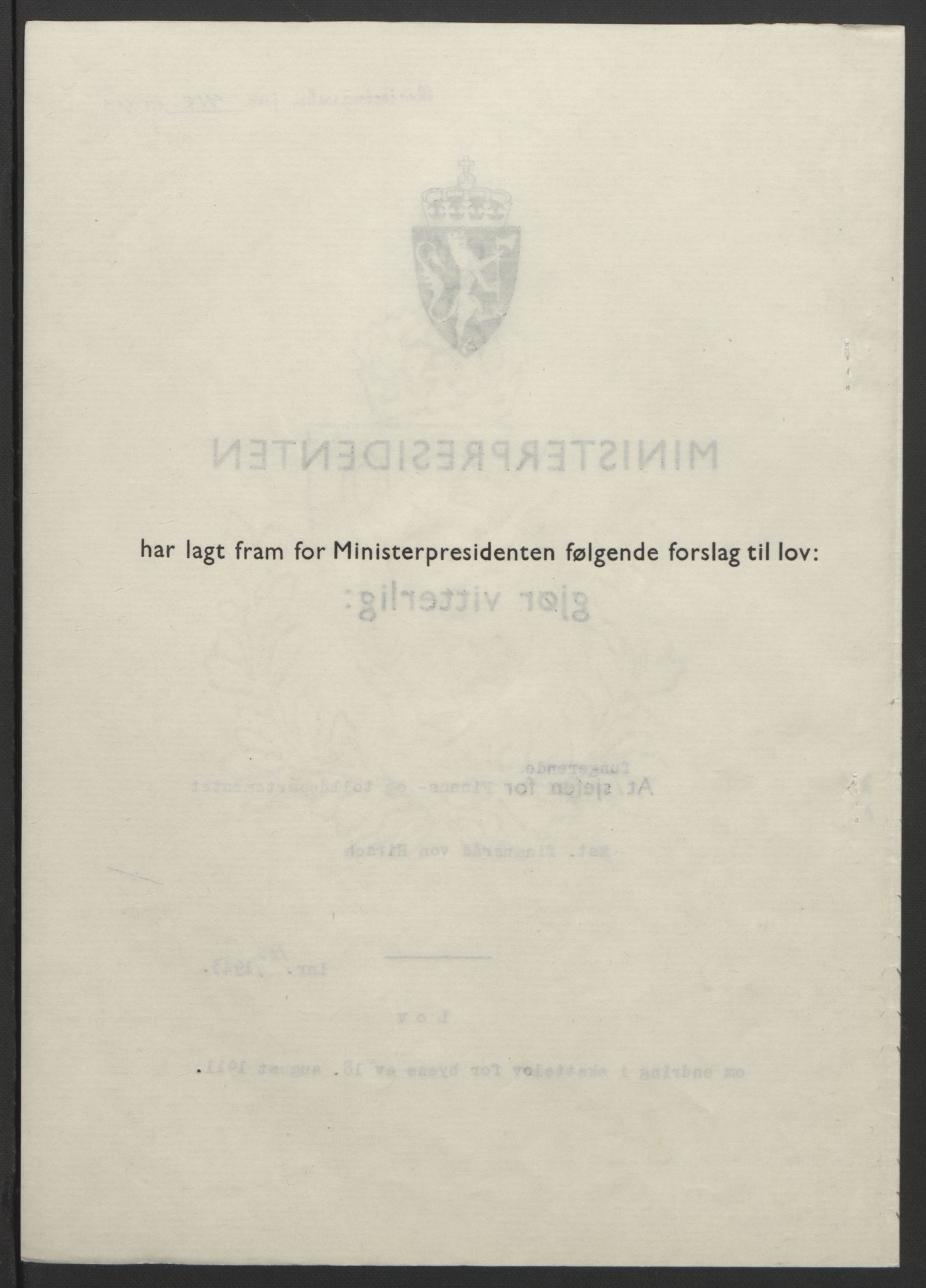 NS-administrasjonen 1940-1945 (Statsrådsekretariatet, de kommisariske statsråder mm), RA/S-4279/D/Db/L0099: Lover, 1943, p. 784