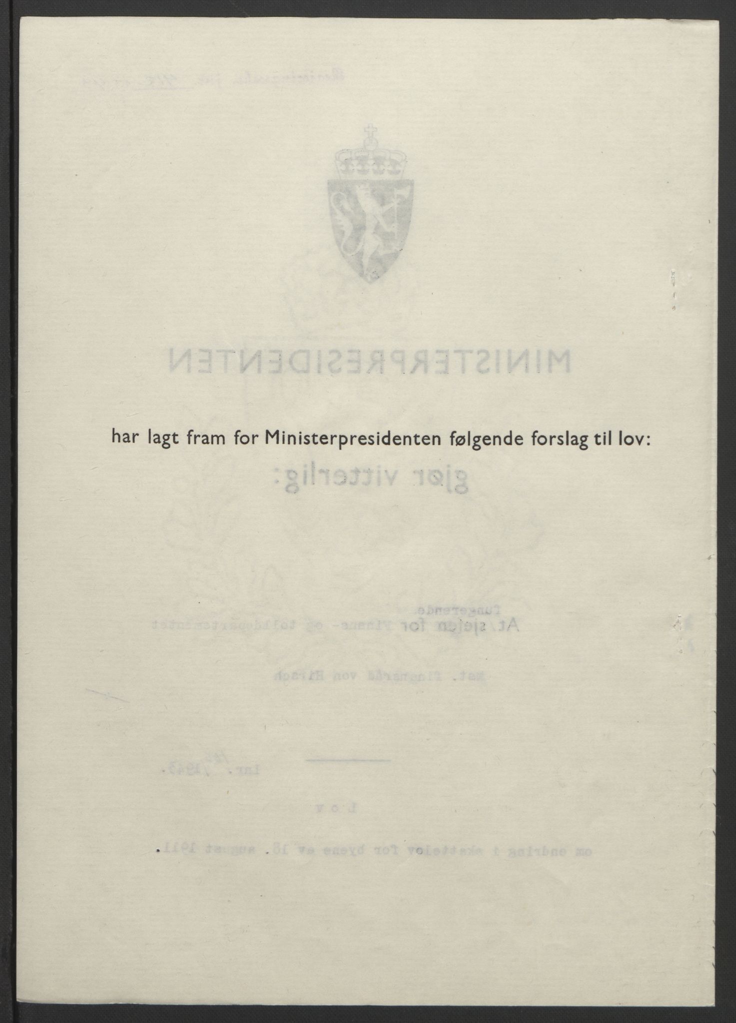 NS-administrasjonen 1940-1945 (Statsrådsekretariatet, de kommisariske statsråder mm), AV/RA-S-4279/D/Db/L0099: Lover, 1943, p. 784