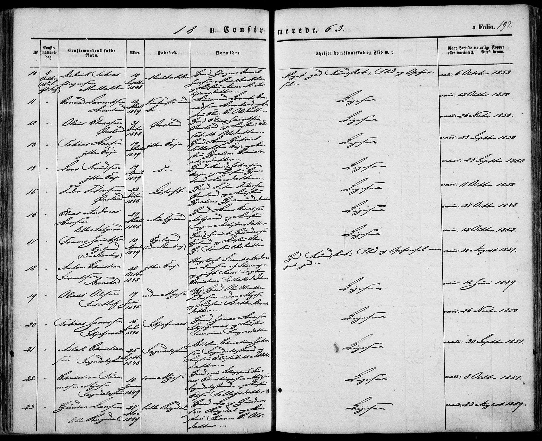 Sokndal sokneprestkontor, AV/SAST-A-101808: Parish register (official) no. A 9, 1857-1874, p. 192