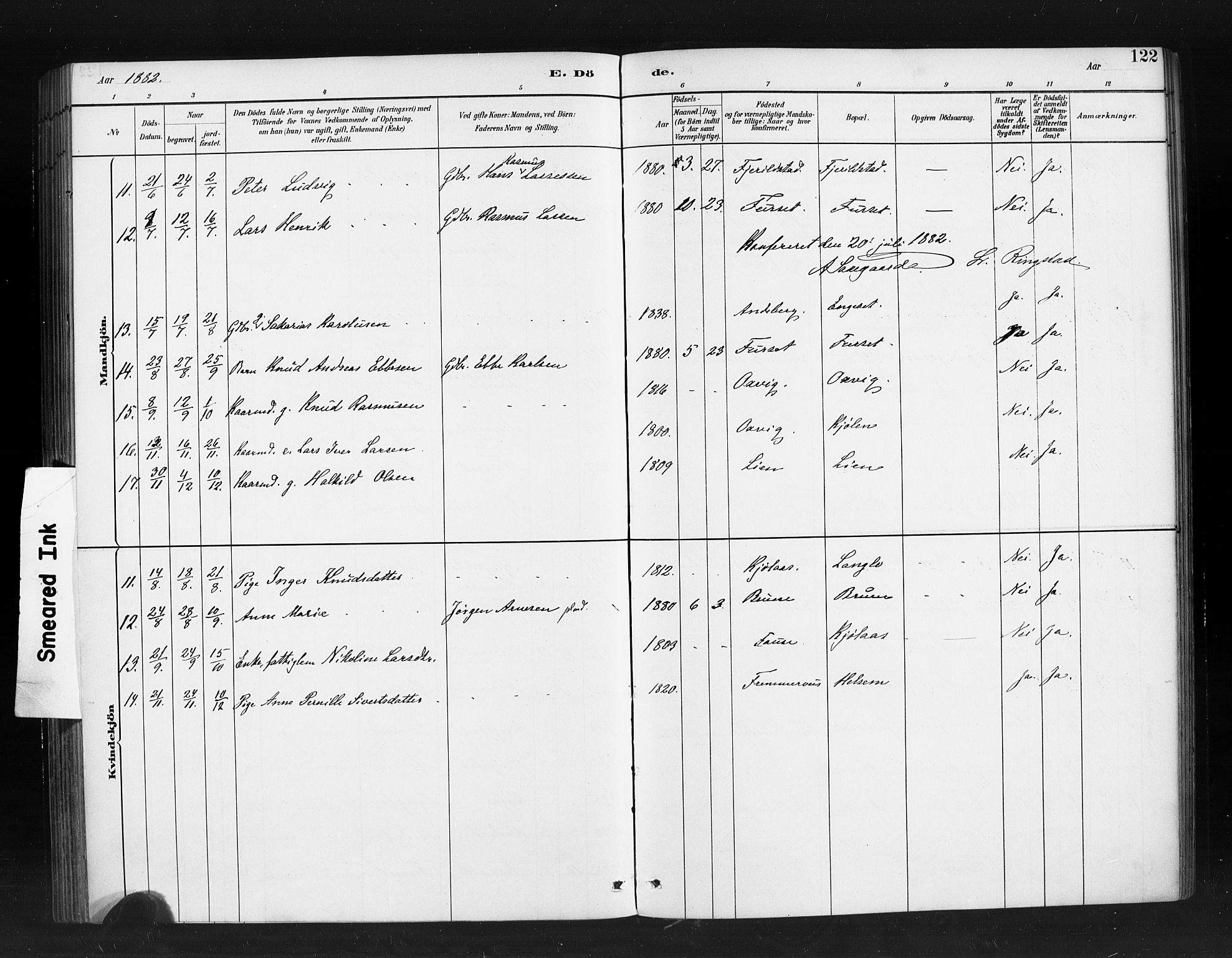 Ministerialprotokoller, klokkerbøker og fødselsregistre - Møre og Romsdal, SAT/A-1454/520/L0283: Parish register (official) no. 520A12, 1882-1898, p. 122