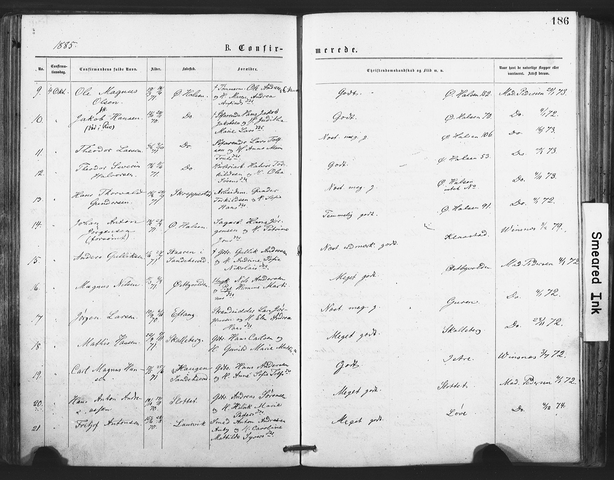 Tjølling kirkebøker, AV/SAKO-A-60/F/Fa/L0008: Parish register (official) no. 8, 1877-1886, p. 186