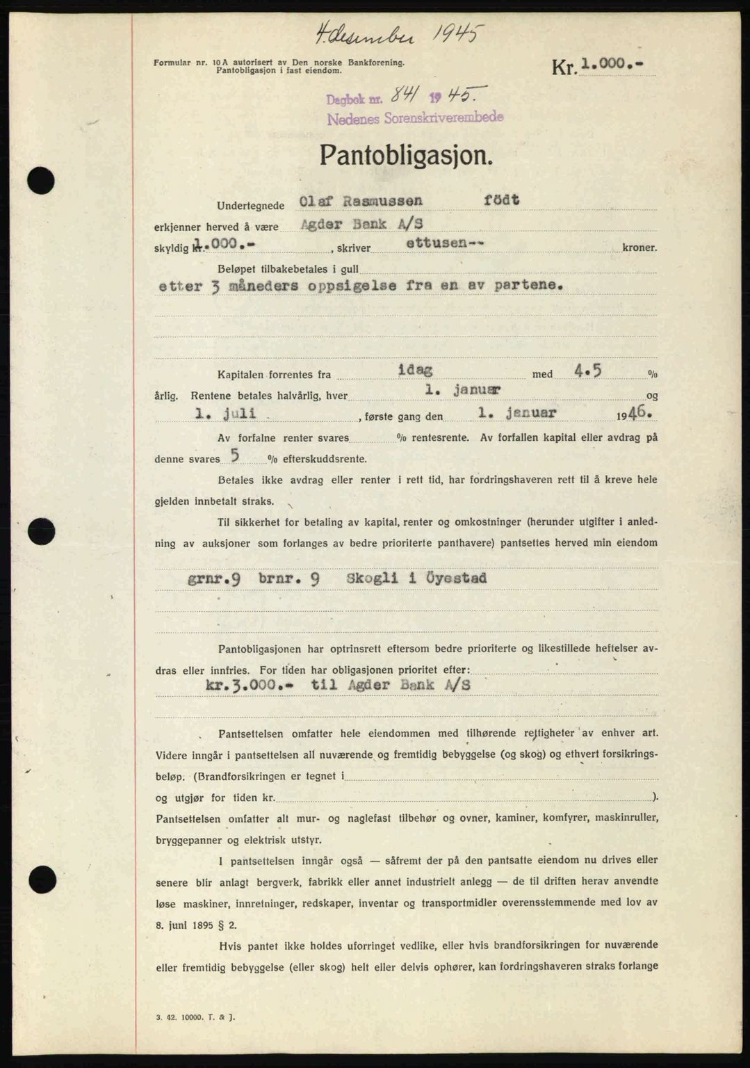 Nedenes sorenskriveri, AV/SAK-1221-0006/G/Gb/Gbb/L0003: Mortgage book no. B3a, 1945-1945, Diary no: : 841/1945