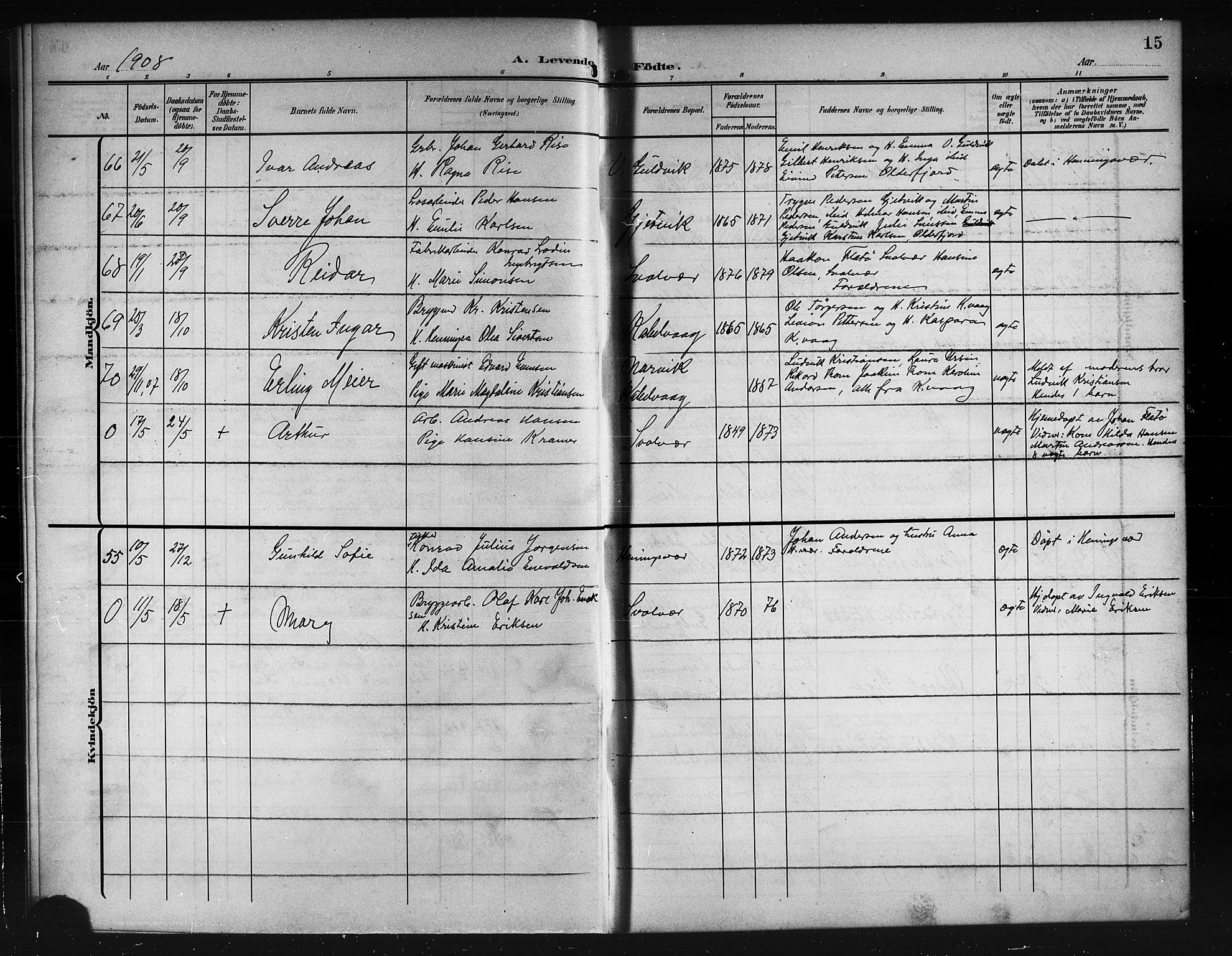 Ministerialprotokoller, klokkerbøker og fødselsregistre - Nordland, SAT/A-1459/874/L1079: Parish register (copy) no. 874C08, 1907-1915, p. 15