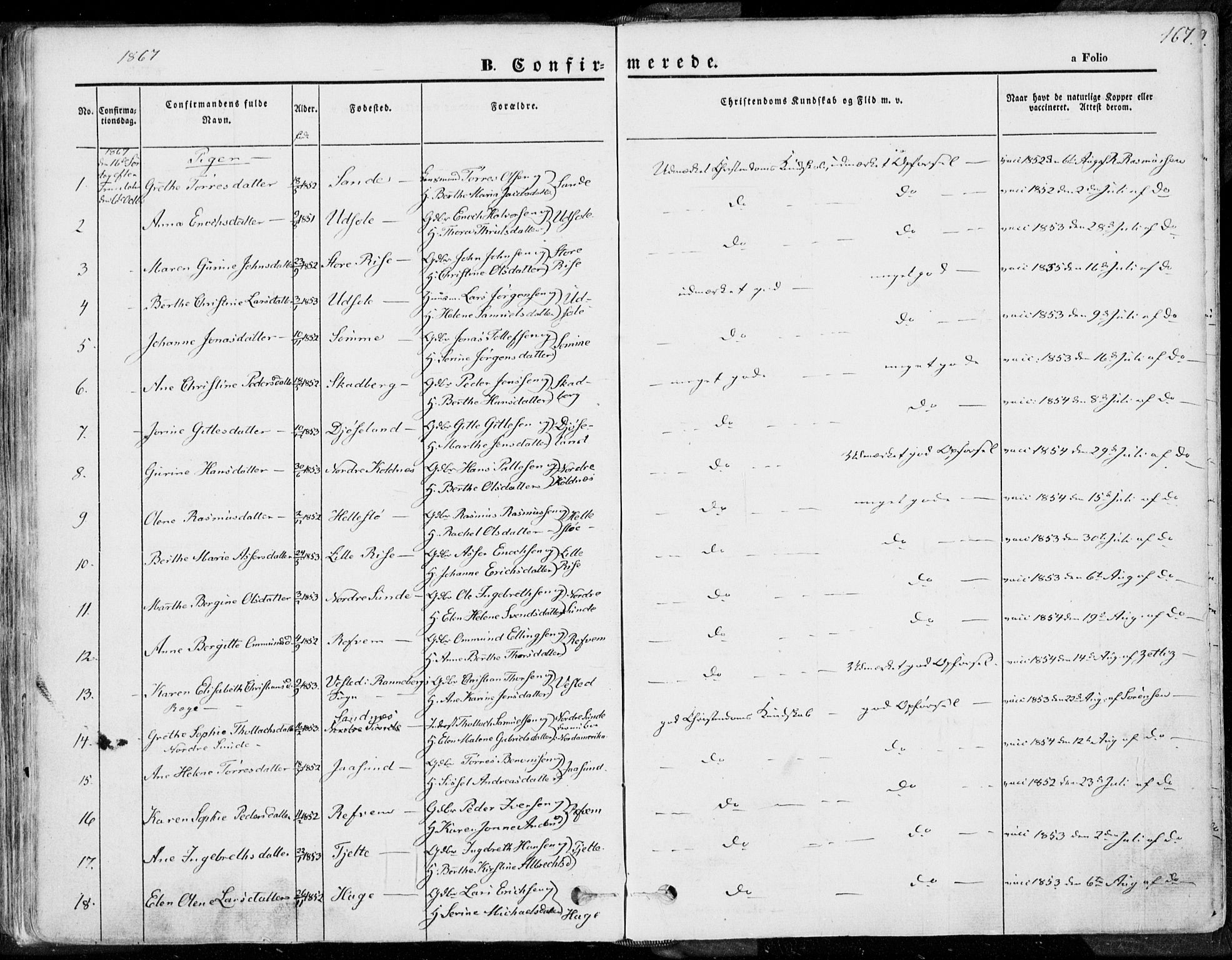 Håland sokneprestkontor, AV/SAST-A-101802/001/30BA/L0007: Parish register (official) no. A 7.1, 1854-1870, p. 167