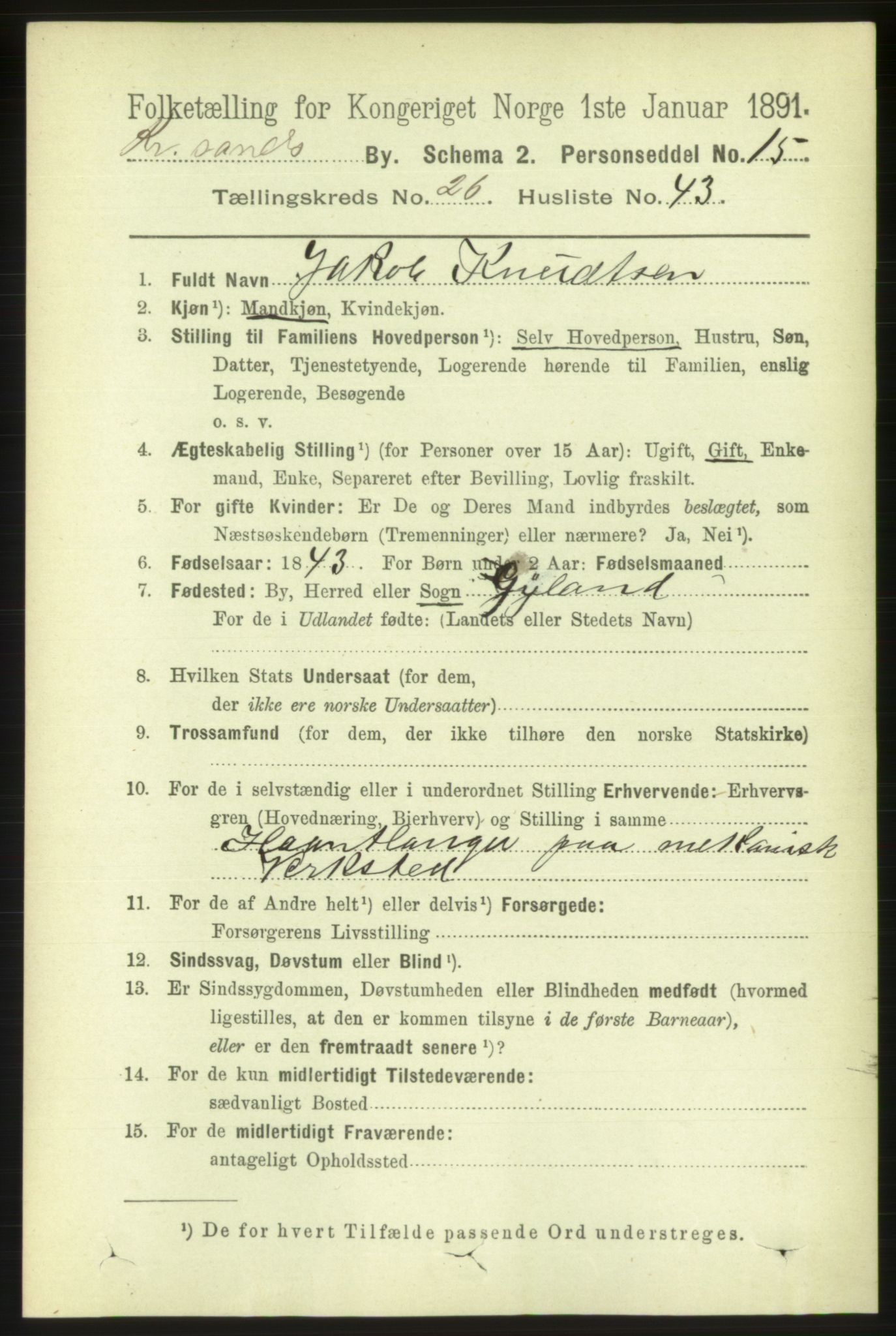 RA, 1891 census for 1001 Kristiansand, 1891, p. 9392