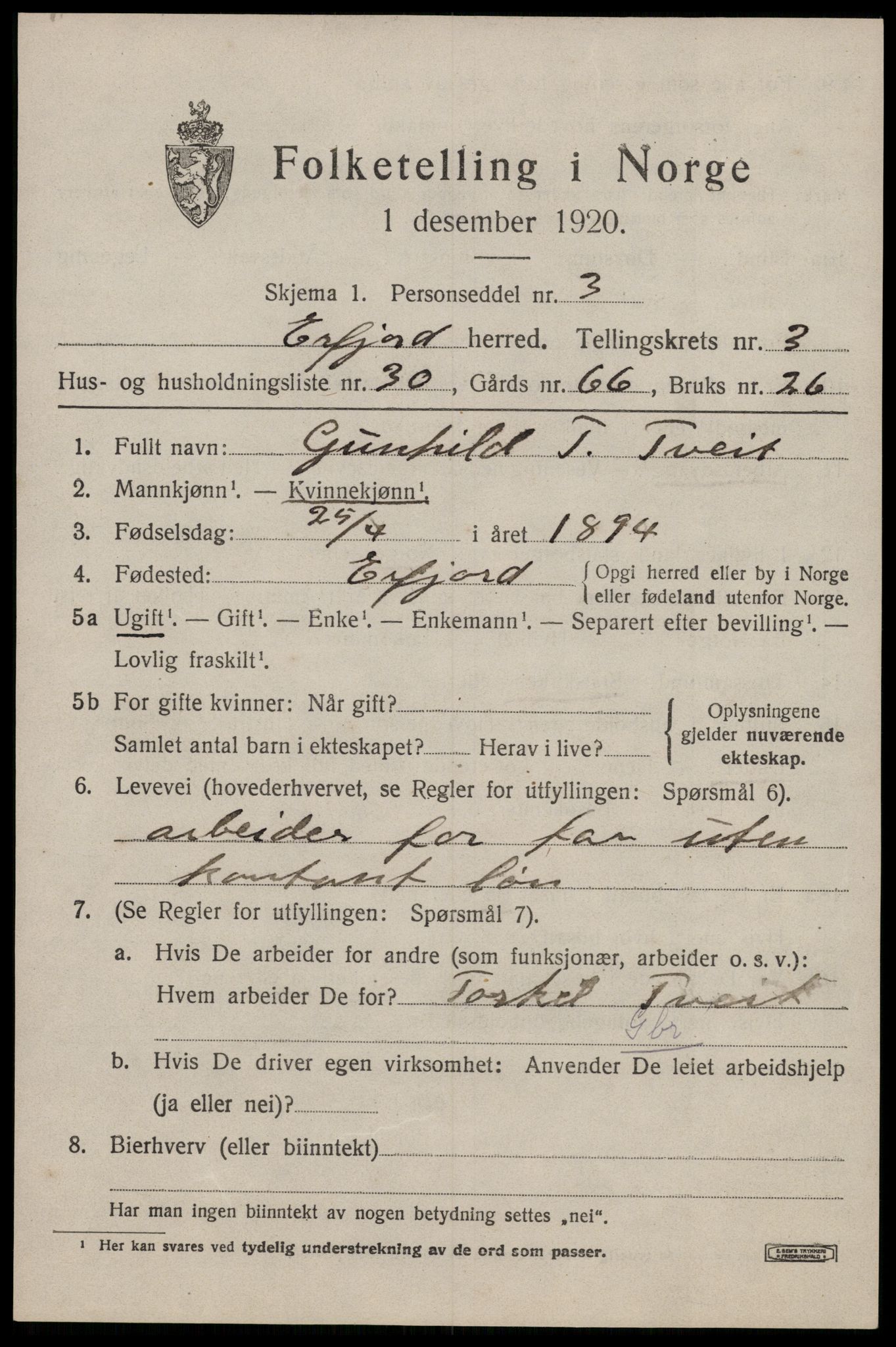 SAST, 1920 census for Erfjord, 1920, p. 1277