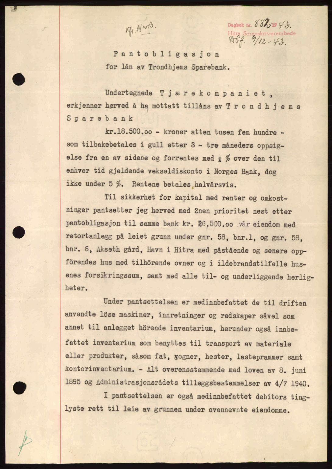 Hitra sorenskriveri, AV/SAT-A-0018/2/2C/2Ca: Mortgage book no. B1, 1939-1949, Diary no: : 882/1943