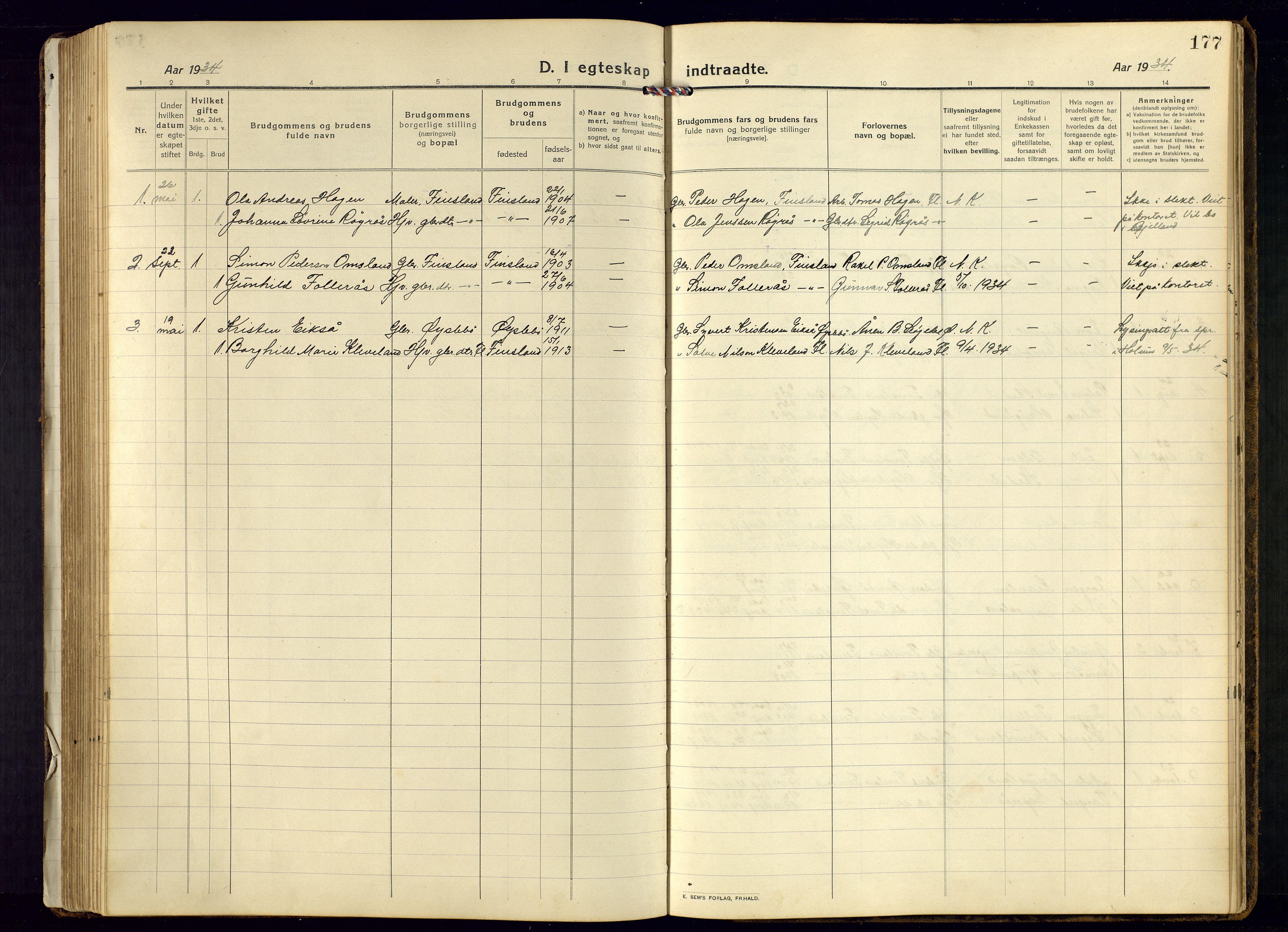 Bjelland sokneprestkontor, AV/SAK-1111-0005/F/Fb/Fbb/L0006: Parish register (copy) no. B-6, 1918-1946, p. 177